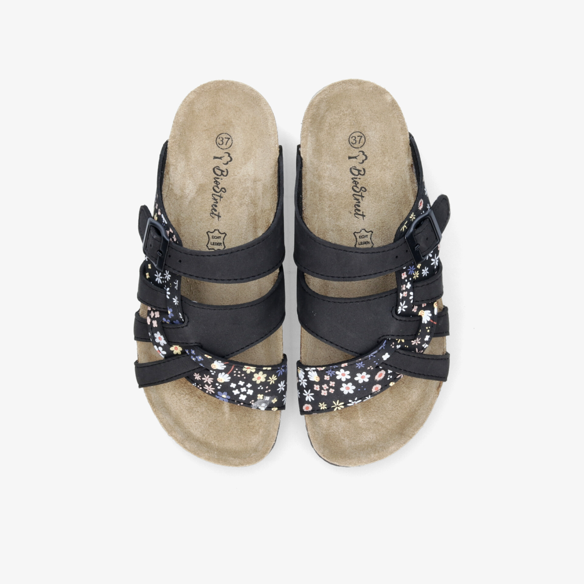 Bequeme Sandalen mit verstellbaren Riemen und weichem Fußbett, dekoriert mit floralen Mustern, Draufsicht