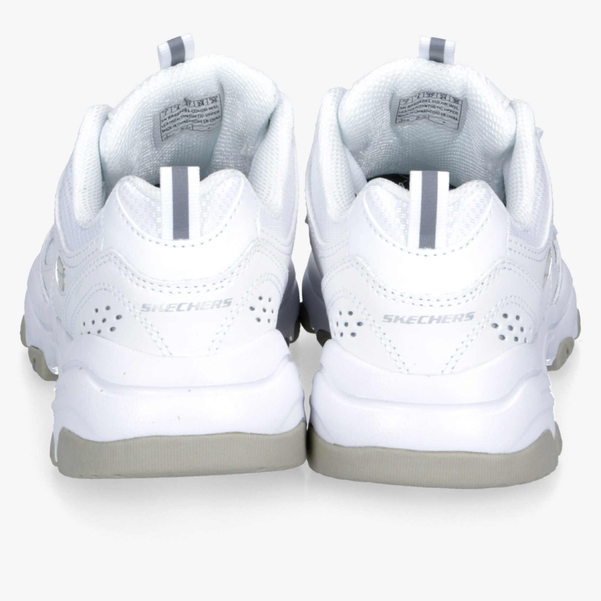 Weiße Sneaker im Paar von hinten mit gepolsterter Sohle und atmungsaktivem Obermaterial, ideal für Komfort und Stil