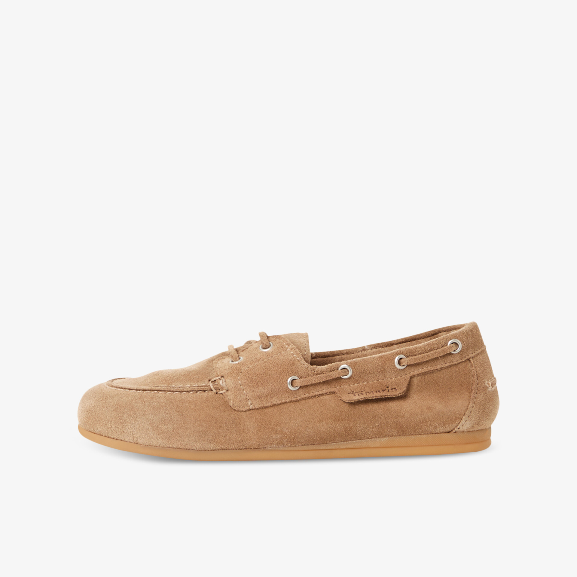 Beiger Bootsschuh aus hochwertigem Wildleder mit klassischen Details und rutschfester, leichter Sohle seitlich aufgenommen