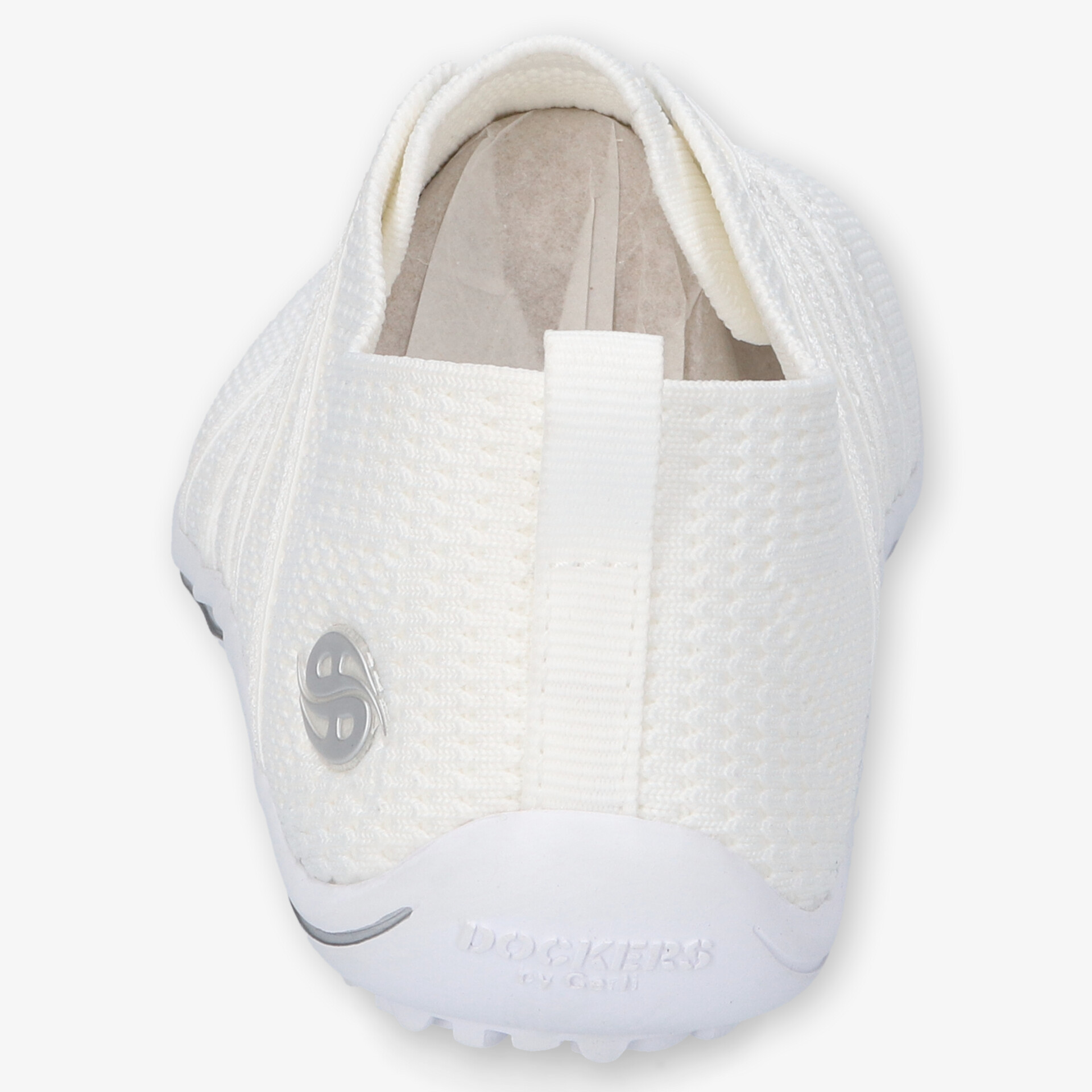 weißer leichter Schuh mit atmungsaktivem Material und flexibler Sohle in klarer Rückansicht