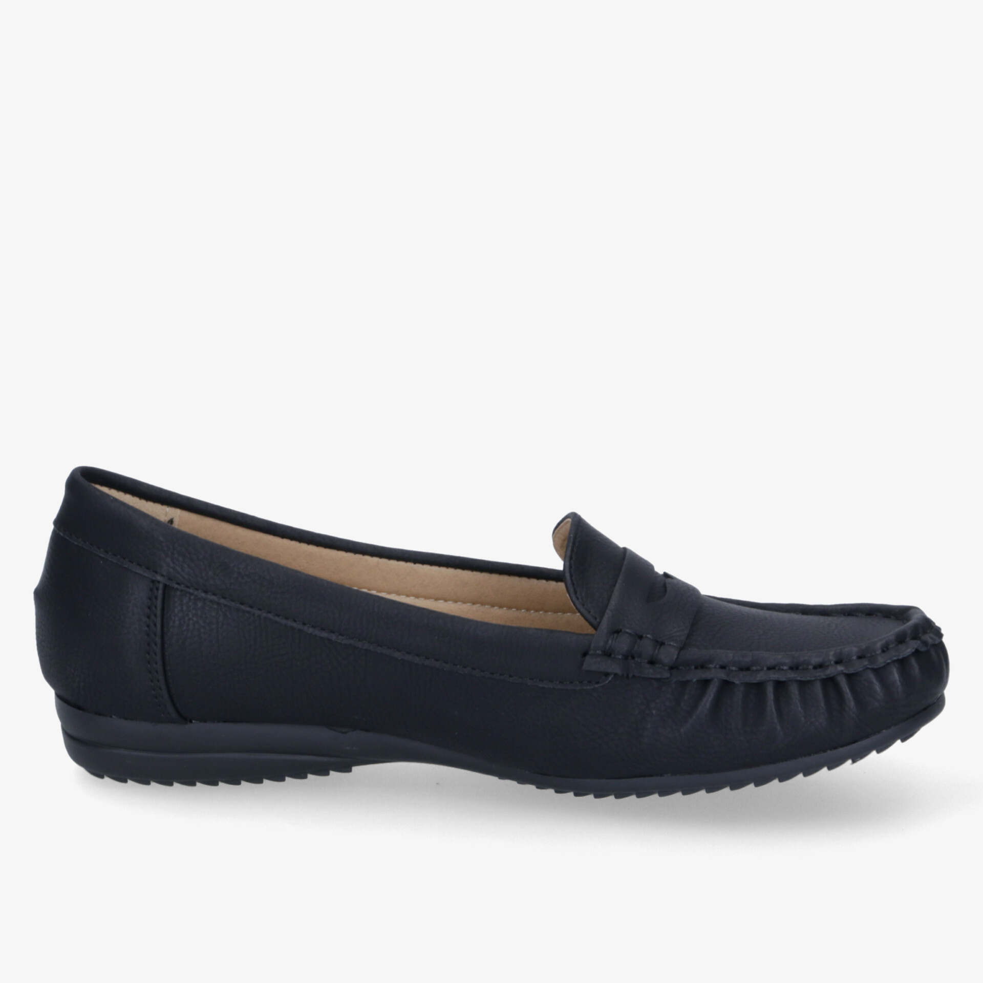 Dunkelblauer Loafer in Seitenansicht mit weichem Material und rutschfester Sohle für hohen Komfort