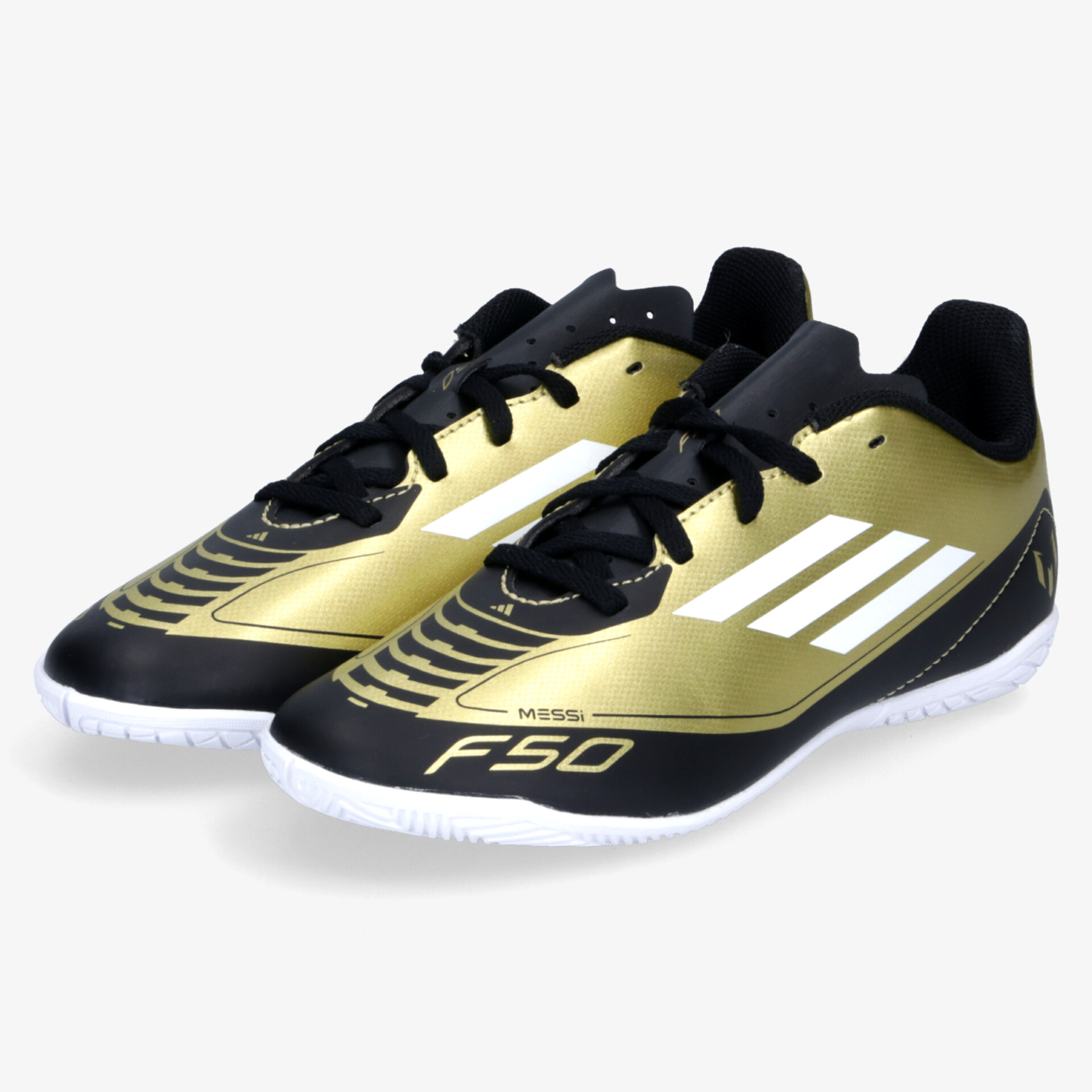 Funktionale gold-schwarze Fußballschuhe mit schnürung, hochwertigem Design und sportlicher Leichtigkeit als Paar abgebildet