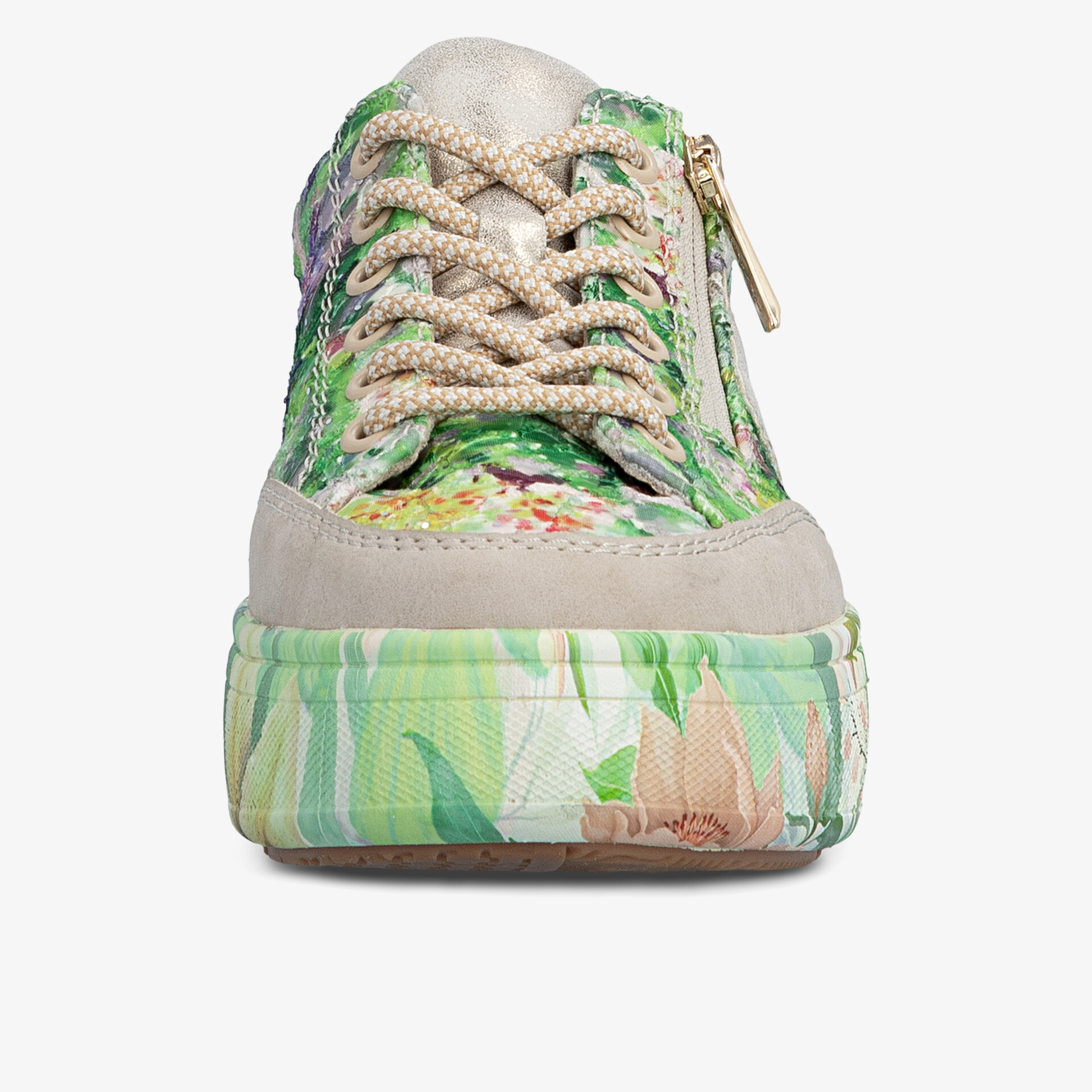 Grüner Sneaker mit floralem Muster, breiter Plateausohle und praktischem Reißverschluss vorne