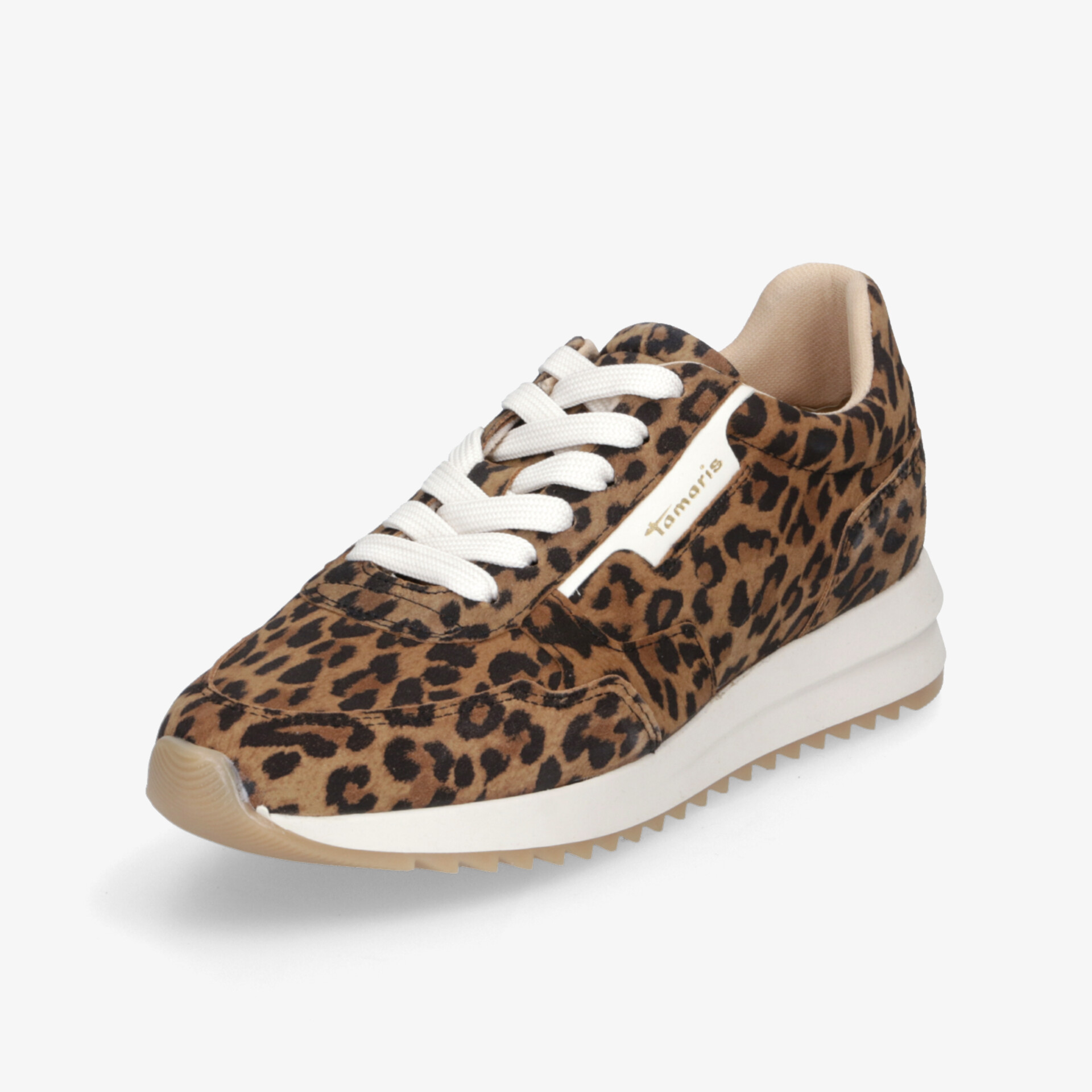 Sportlicher Sneaker mit leopardmuster, bequemer Passform und federnder Sohle in 3/4 Ansicht schräg vorne