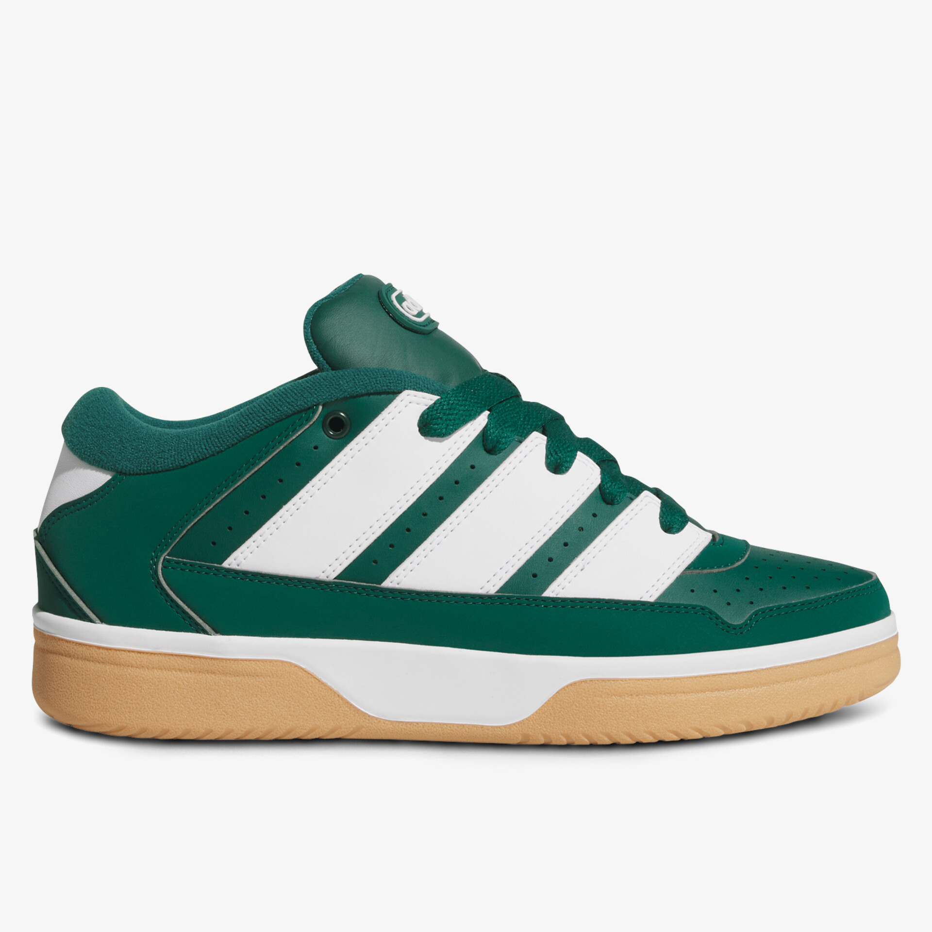 Seitliche Ansicht eines grünen Sneakers mit weißen Streifen und robuster Gumsohle