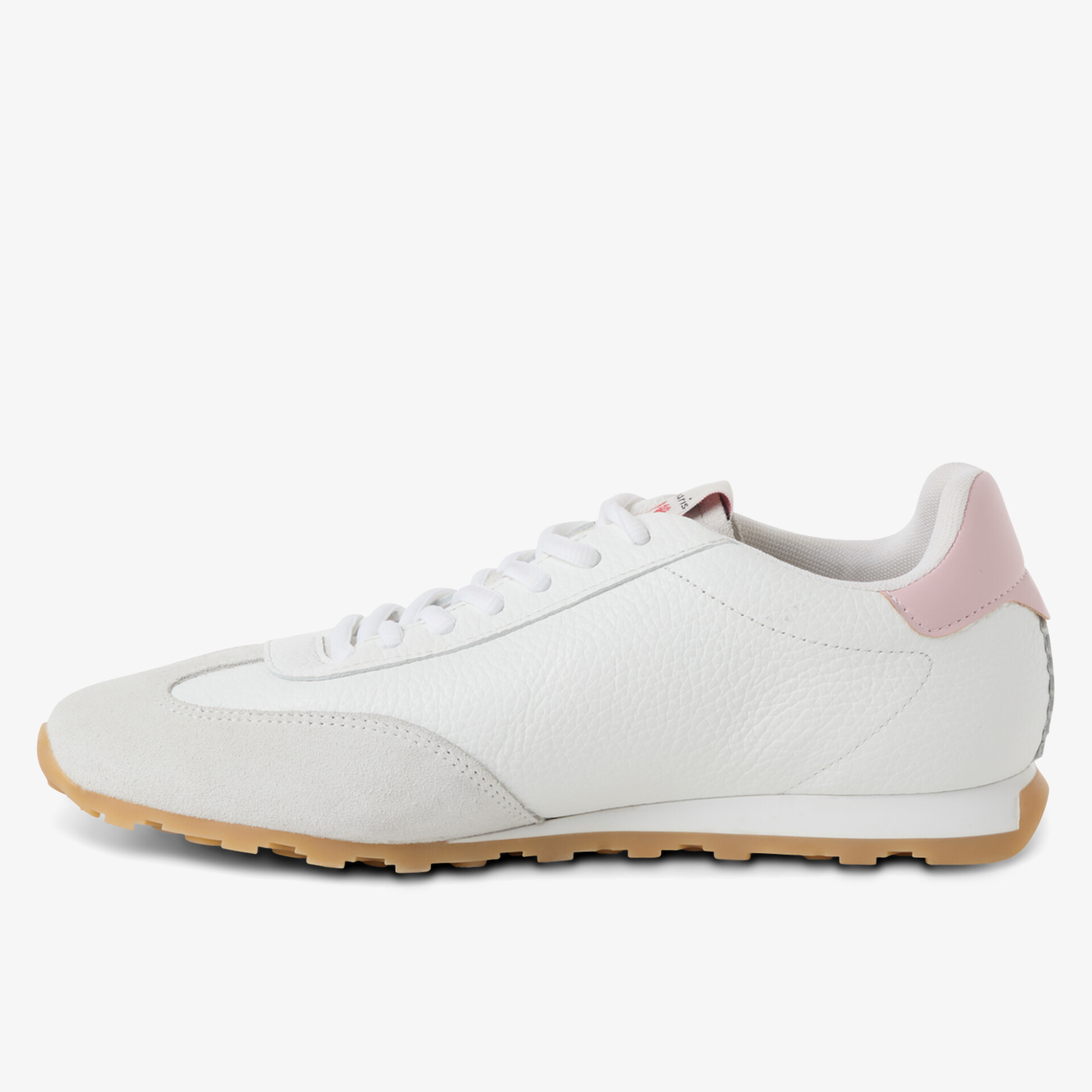 Weißer Sneaker mit rosa Akzent und Gummisohle. Sportliches Design trifft auf Komfort.