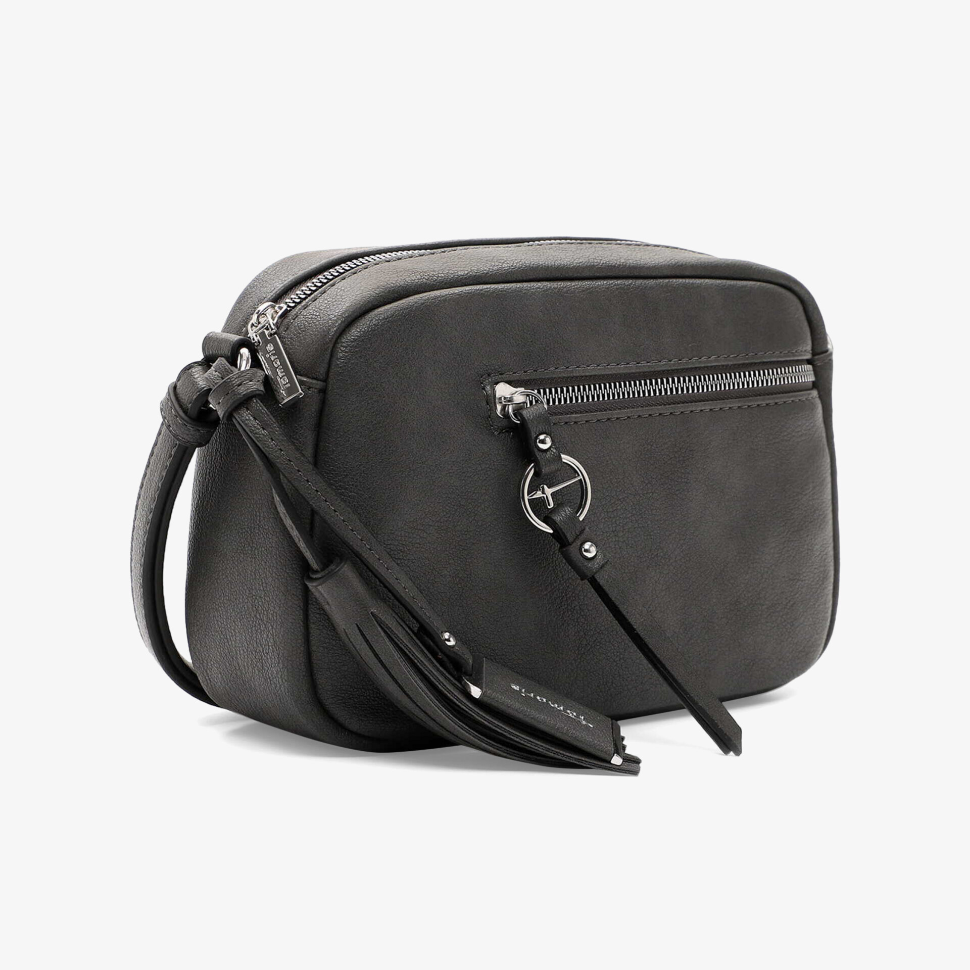 Schwarze kompakte Umhängetasche aus Leder mit Reißverschluss und verstellbarem Schulterriemen in schräger Vorderansicht