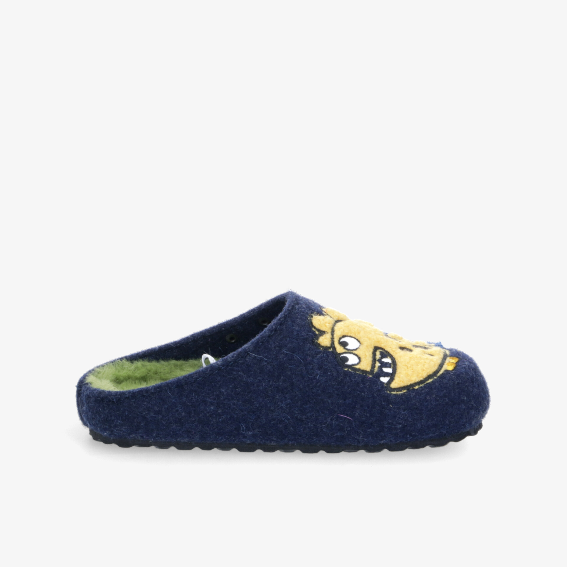 Weicher, bequemer und warmer blauer Hausschuh mit lustigem Cartoon-Gesicht, ideal für gemütliche Stunden.