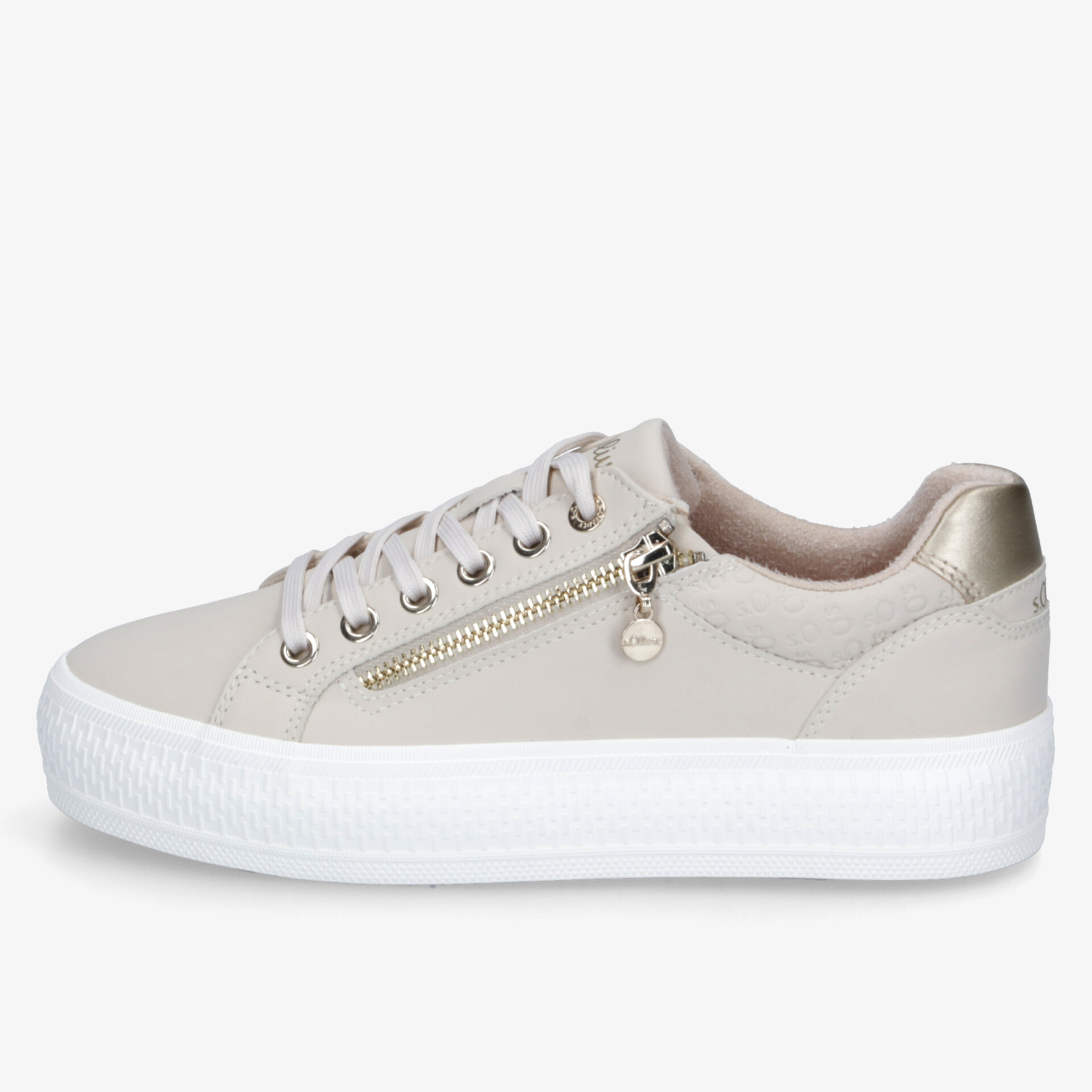 Moderner Sneaker mit flacher Sohle und praktischem seitlichem Reißverschluss in eleganter weiß-beiger Farbe