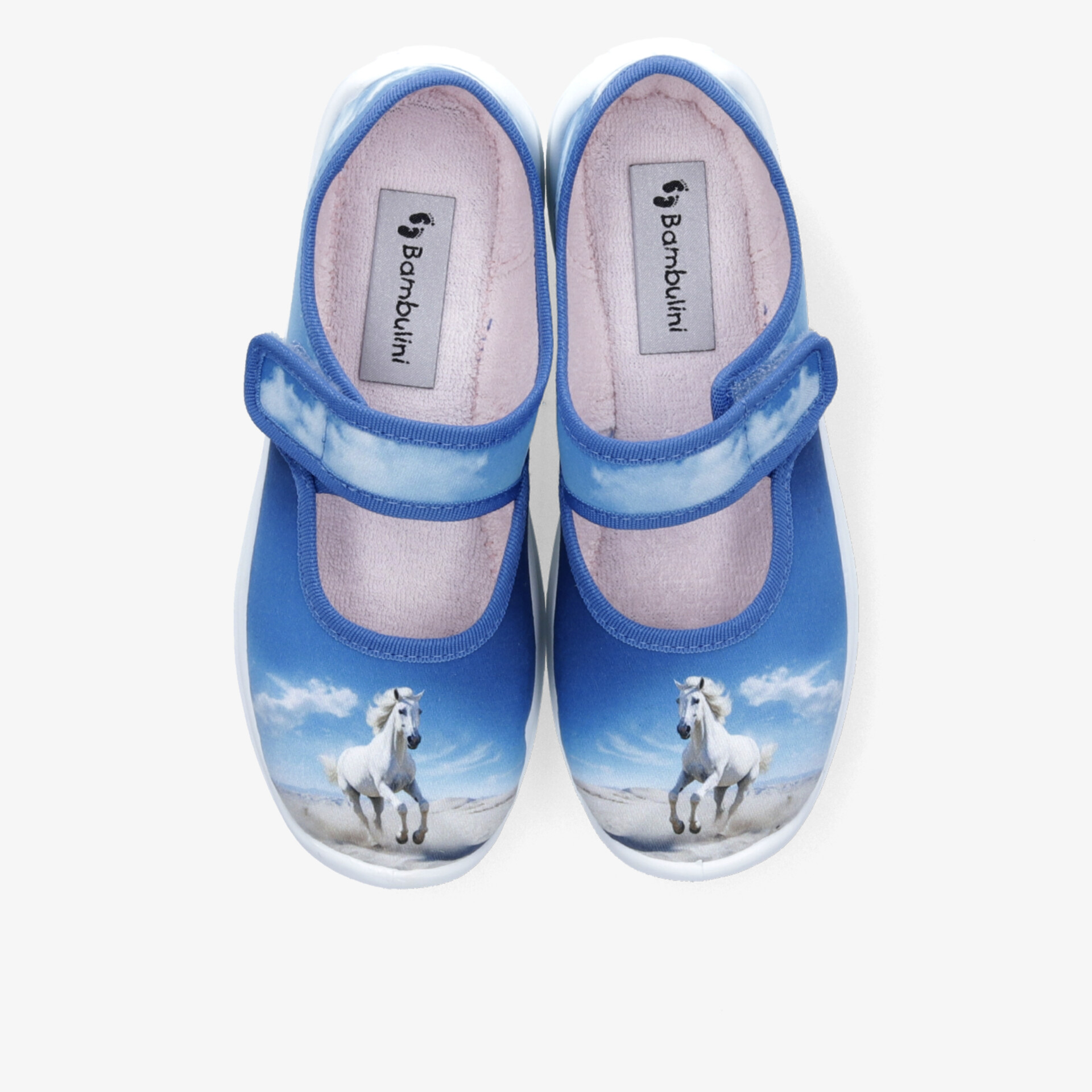 Bequeme blaue Schuhe mit praktischem Klettverschluss und Pferdemotiv, ideal für leichten Tragekomfort