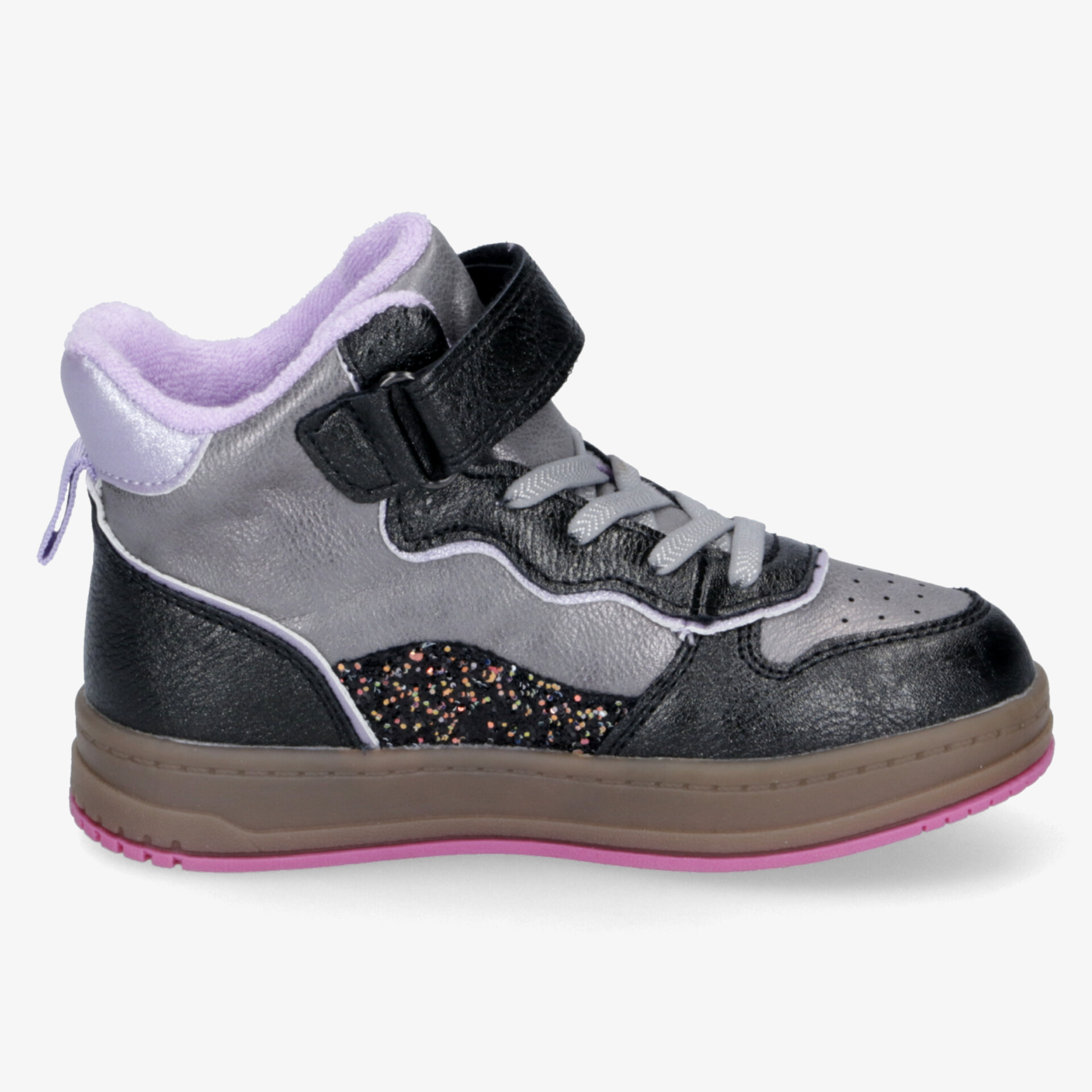 Moderner Sportschuh in Grau und Schwarz mit lila Akzenten, gepolstertem Schaft und stabiler Schnürung