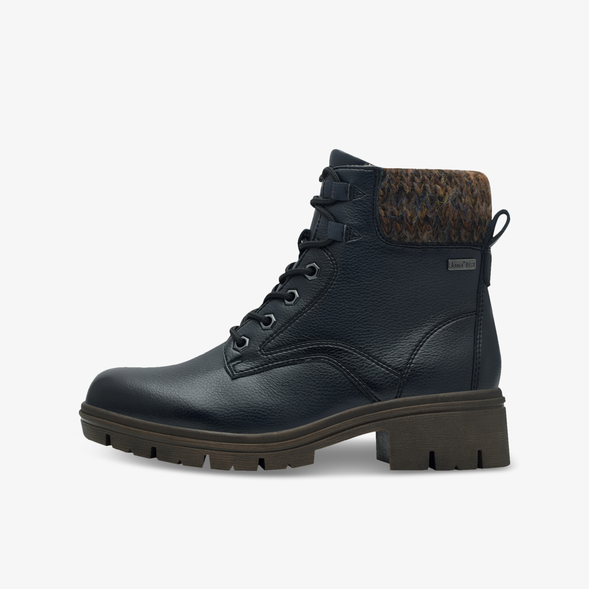 Robuster schwarzer Stiefel mit gepolstertem Schaftrand, rutschfester Sohle und schnürbarem Design für hohen Komfort