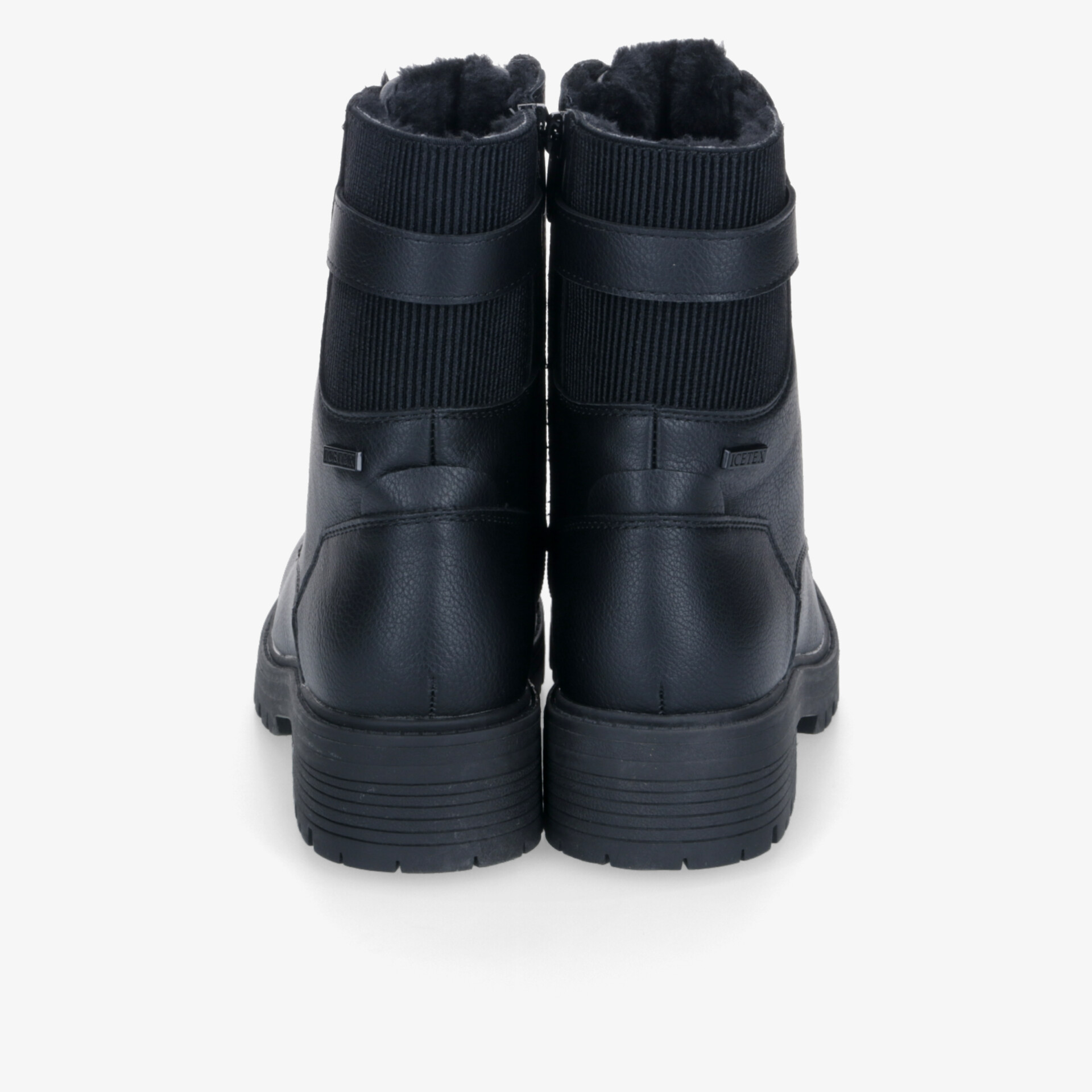 Schwarze robuste Stiefel mit wärmendem Schaft und rutschfester Sohle, Rückansicht zeigt stabilen Halt