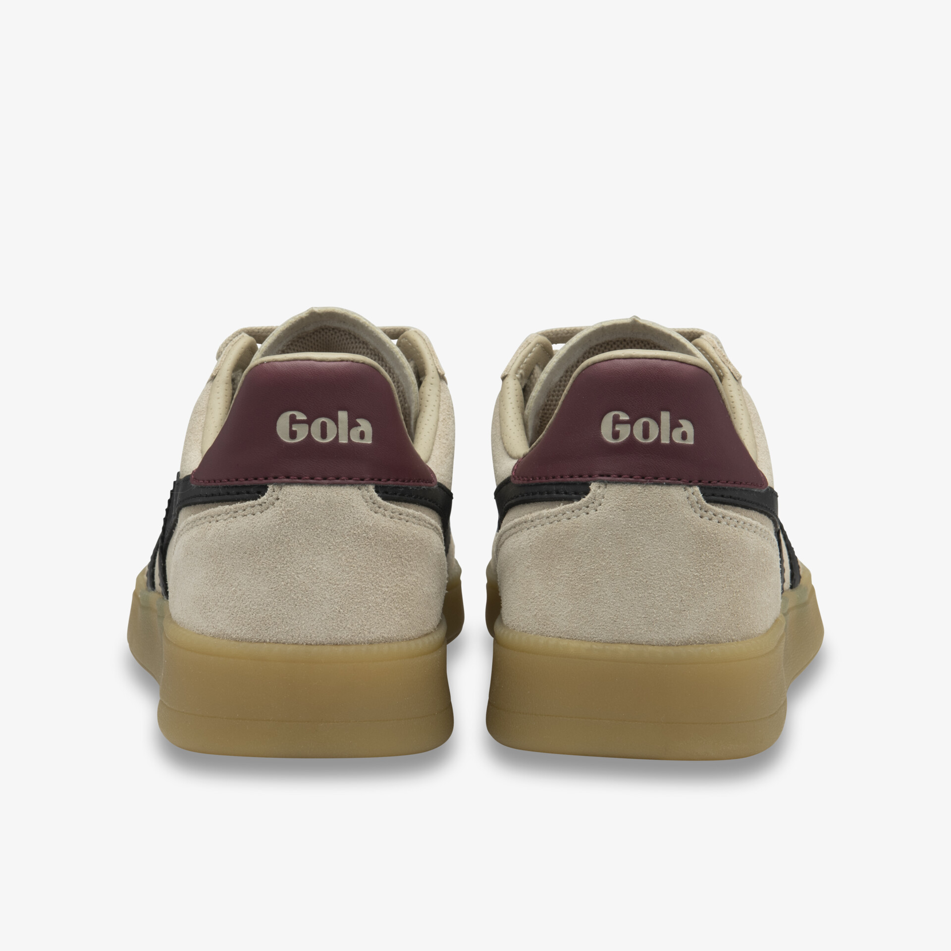 Gola Sneaker Rückansicht in Beige mit bordeauxfarbenen Details und robuster rutschfester Sohle