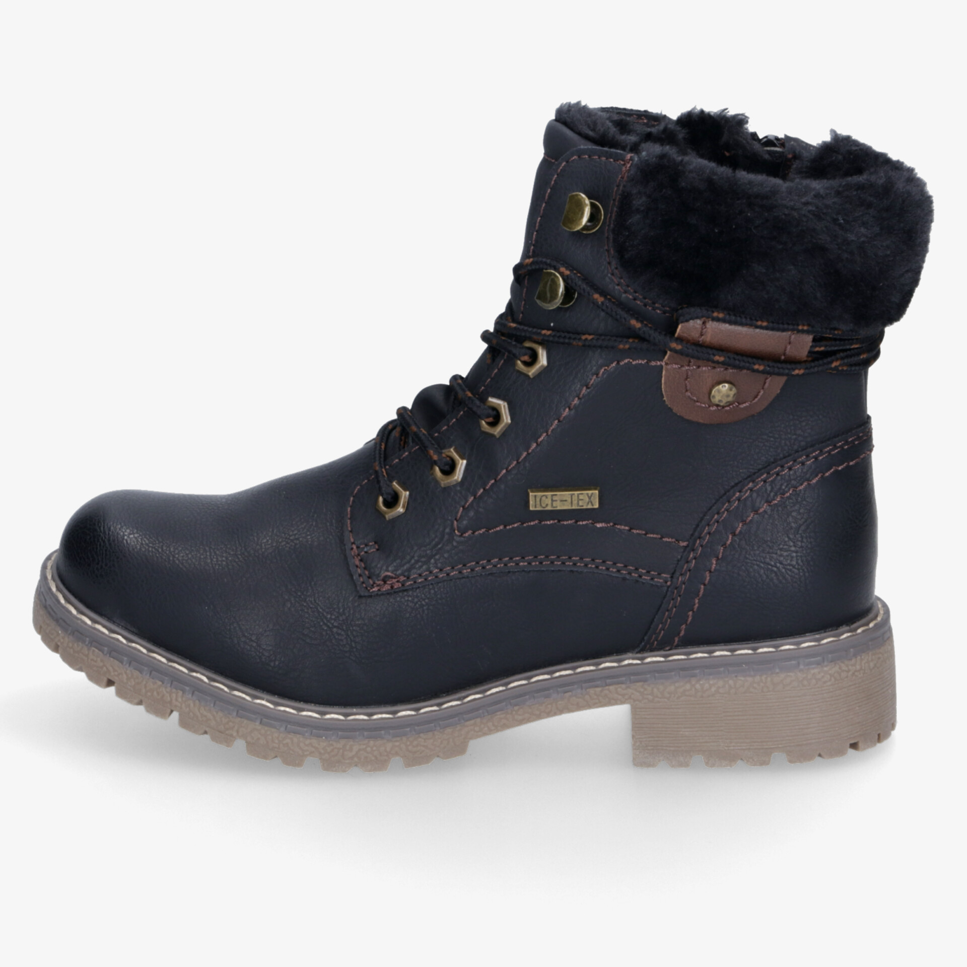 Warmer schwarzer Winterstiefel mit robuster Sohle, bequemer Passform und hochwertigem Leder seitlich fotografiert
