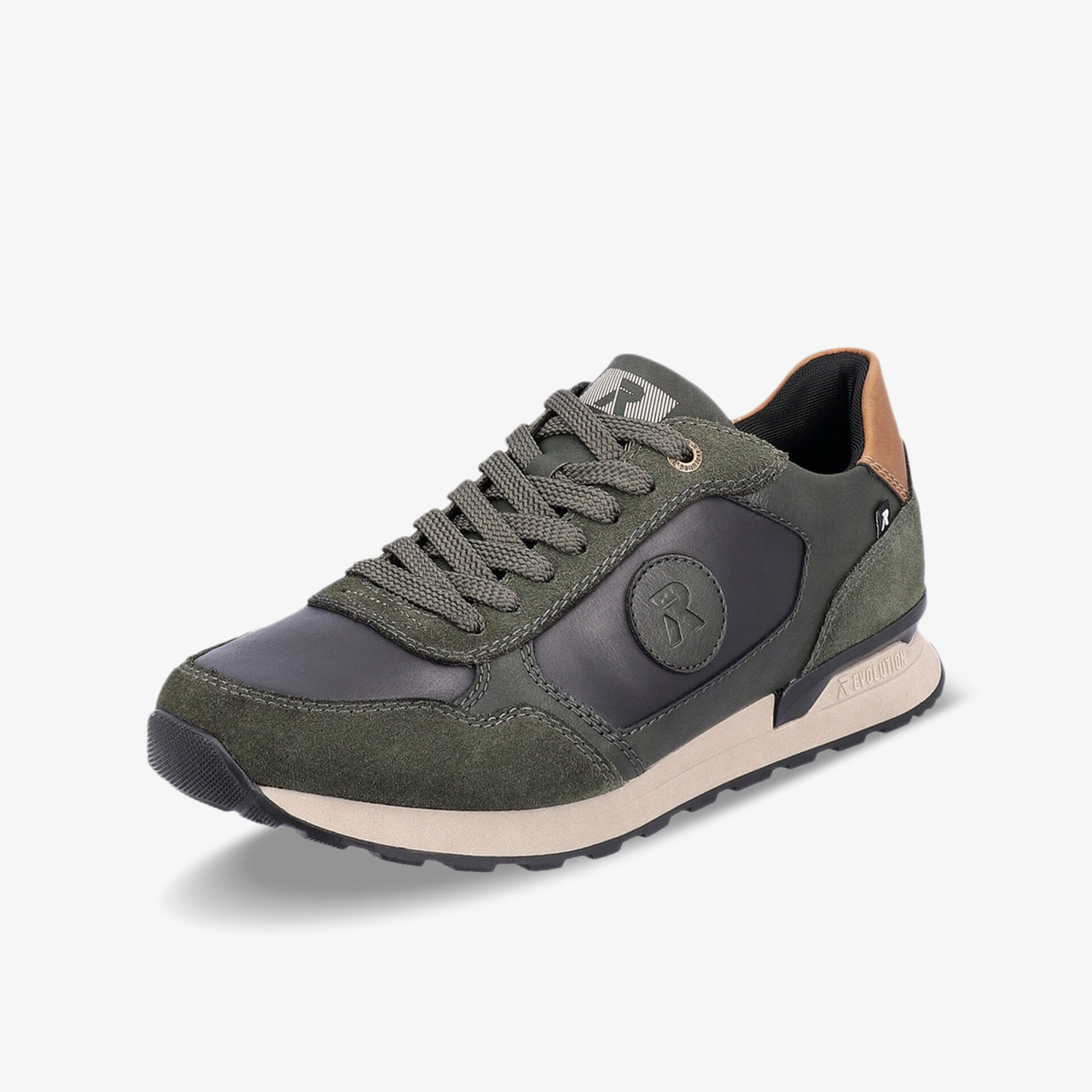 Olivegrüner Sneaker mit kontrastierenden Details und markantem Logo. Komfortable Laufsohle für optimalen Halt.