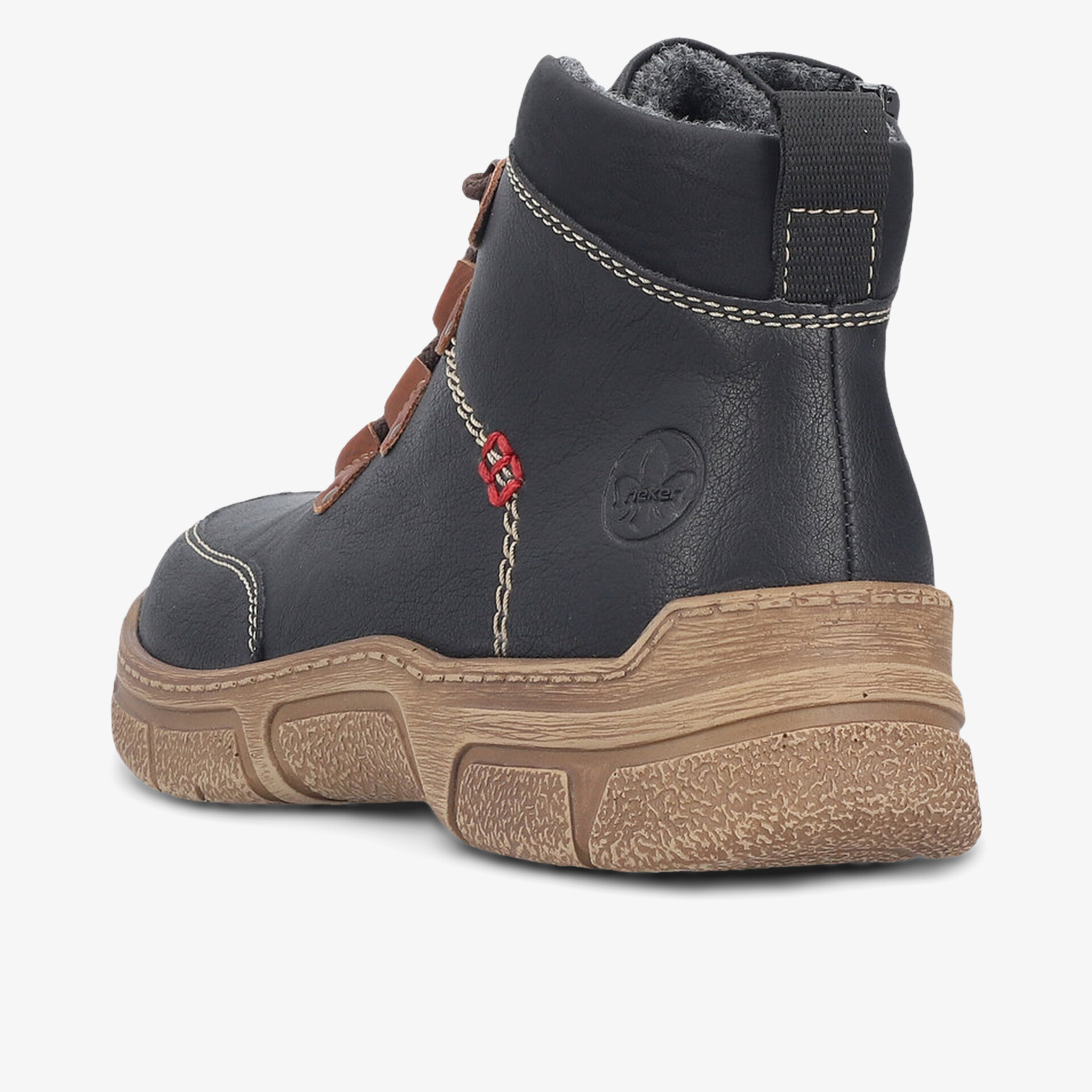 Schwarzer Schuh mit brauner robuster Sohle und roten Akzenten, seitliche Ansicht zeigt hochwertige Verarbeitung