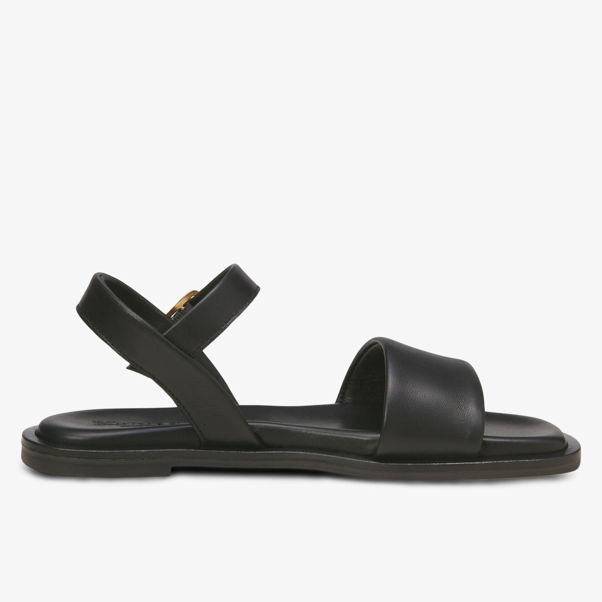 Schwarze flache Sandale mit verstellbarem Riemen und weichem, komfortablem Fußbett in seitlicher Ansicht