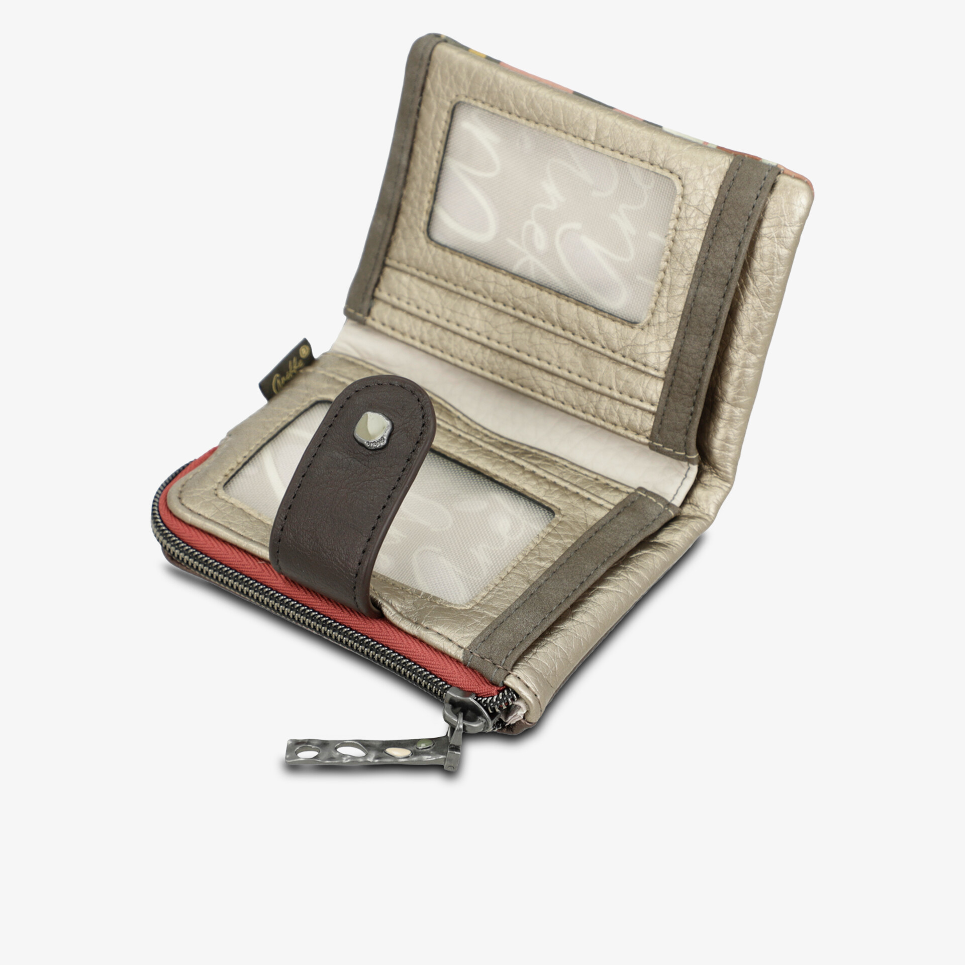 Kompakte und elegante Geldbörse mit mehreren Fächern und robustem Verschluss.