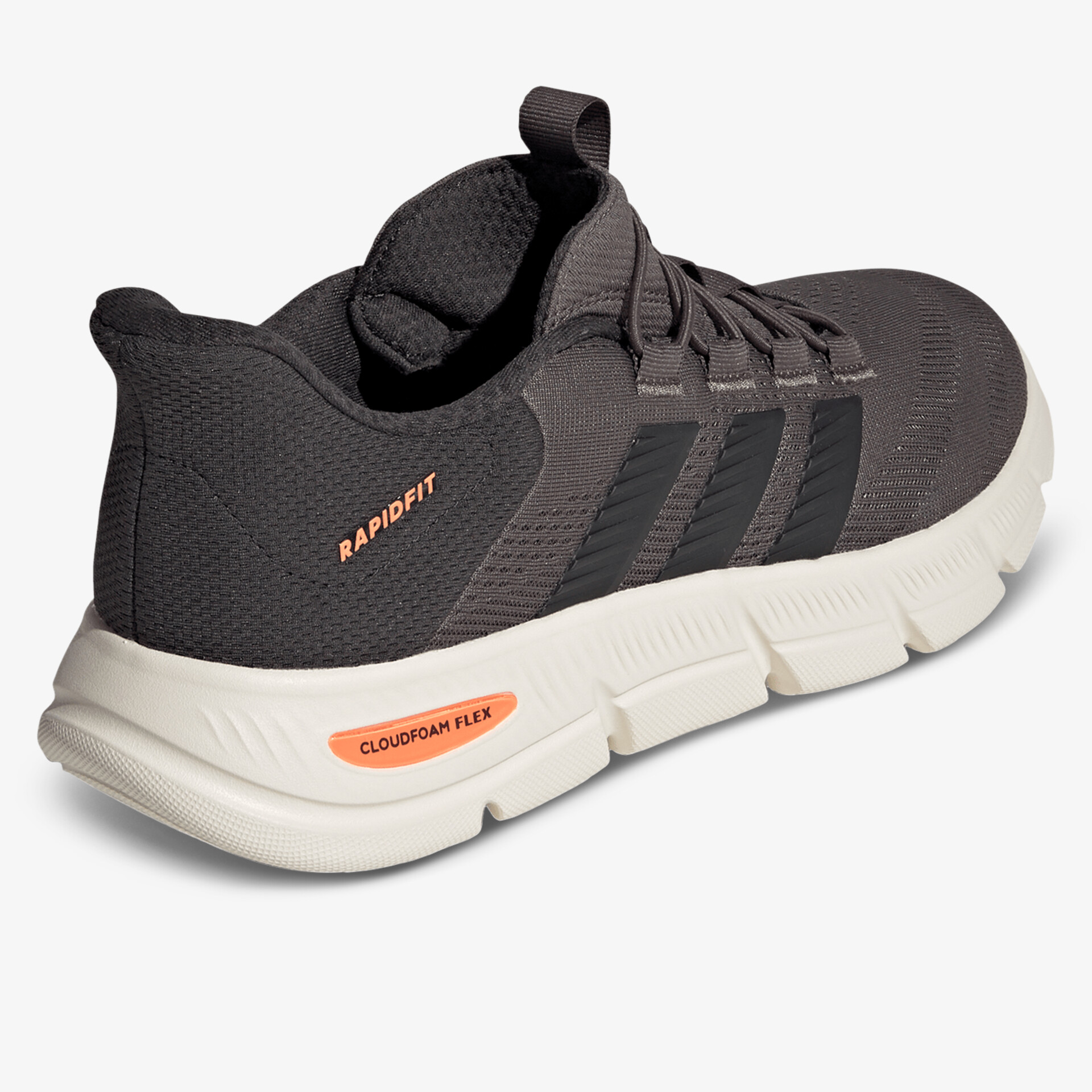 schwarzer Sportschuh mit weißer Sohle, seitliche Ansicht, atmungsaktives Material, federnde Zwischensohle