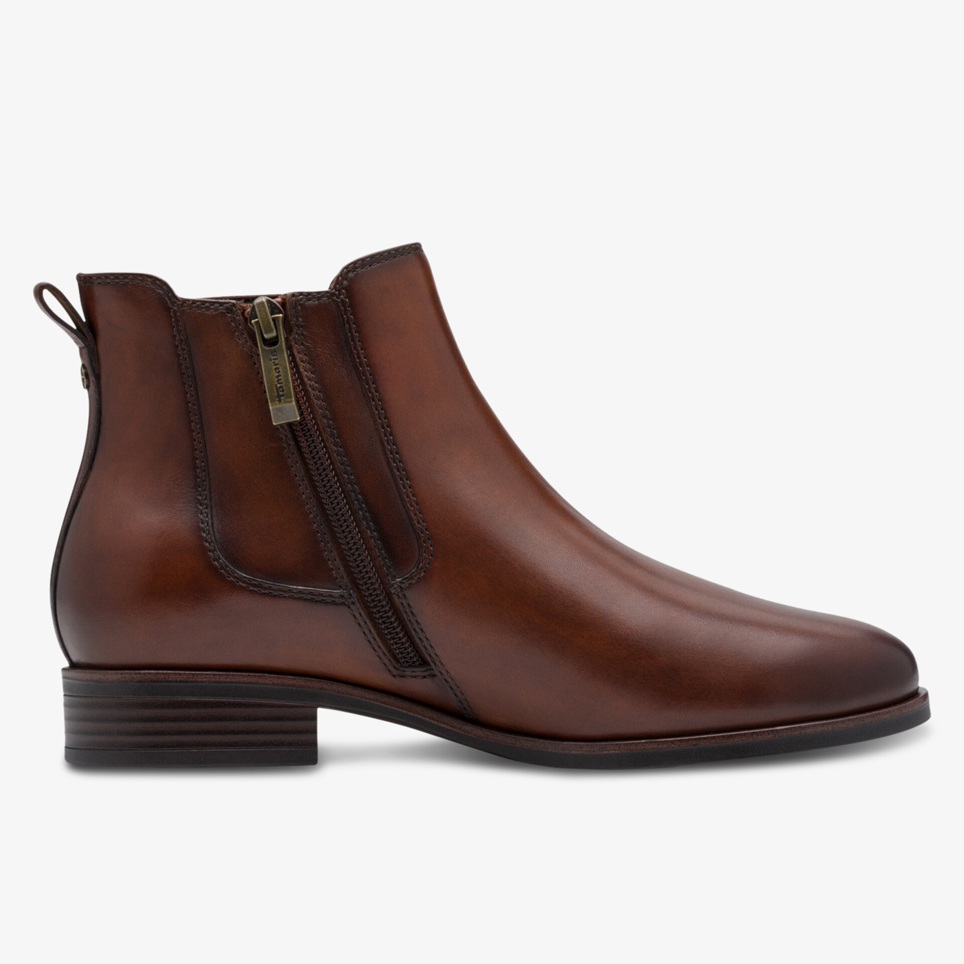 Braune Lederstiefelette mit seitlichem Reißverschluss und flachem Absatz, eleganter und bequemer Schuh