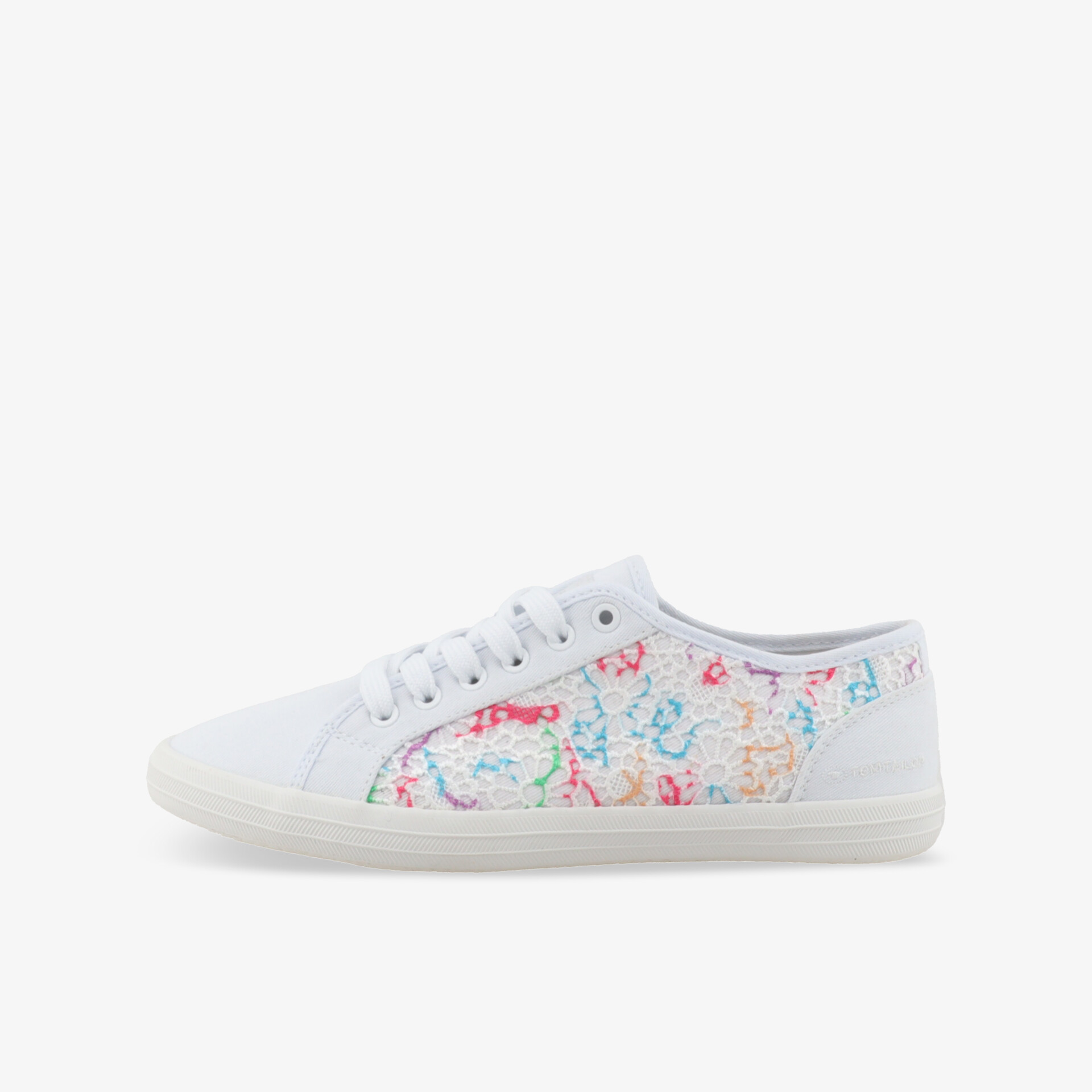 Leichter weißer Sneaker mit buntem Print, flexibler Sohle und bequemer Passform, seitliche Ansicht