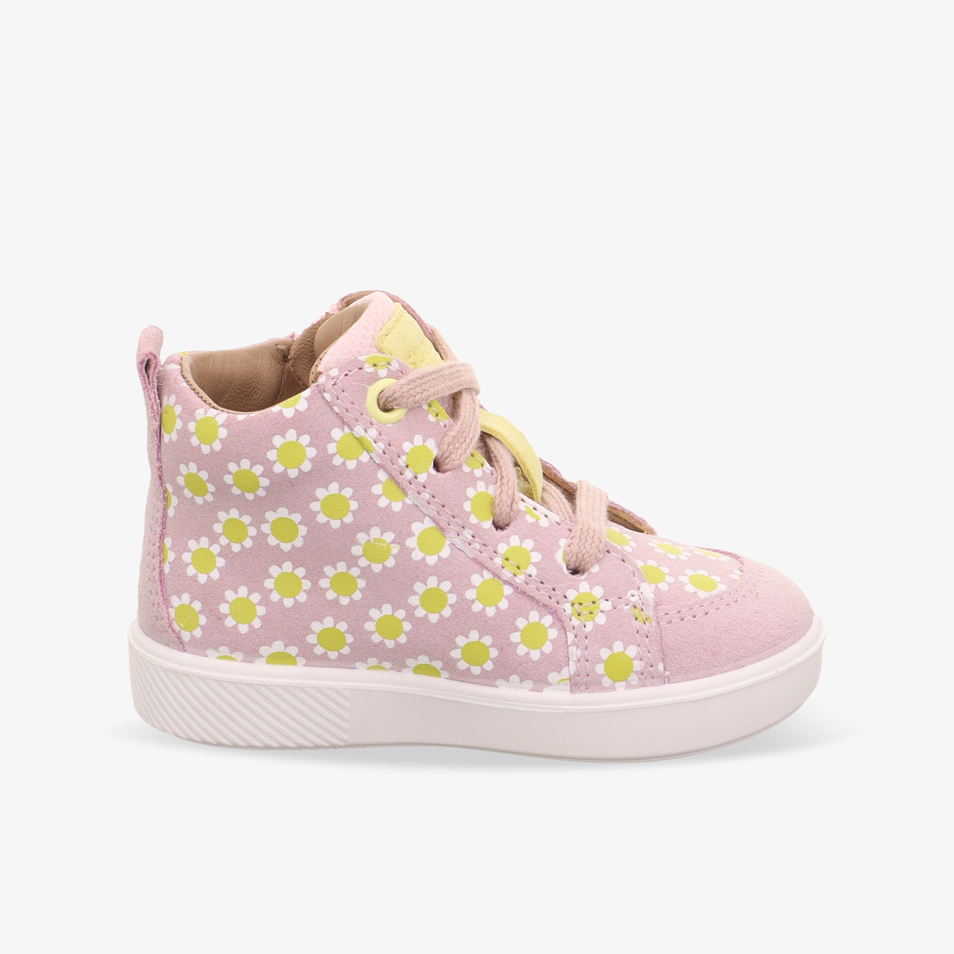 Seitenansicht eines rosa Kinderschuhs mit gelben Blumen, flexible Sohle und hoher Schaft für sicheren Halt