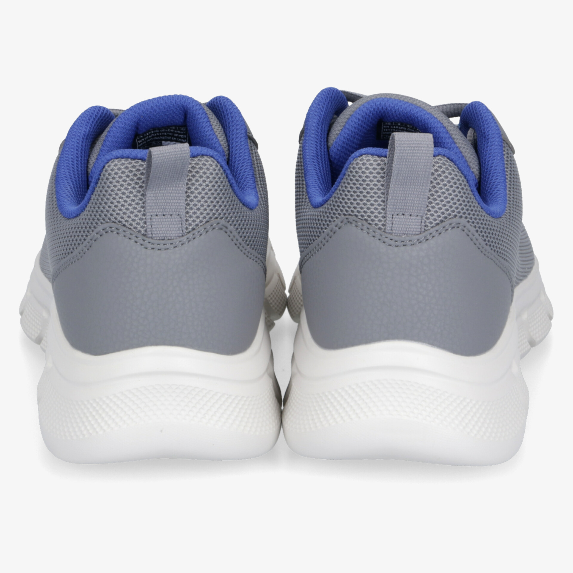 Graue Sneaker mit weißer Sohle und blauen Akzenten, rückseitige Ansicht. Ideal für sportliche Aktivitäten.