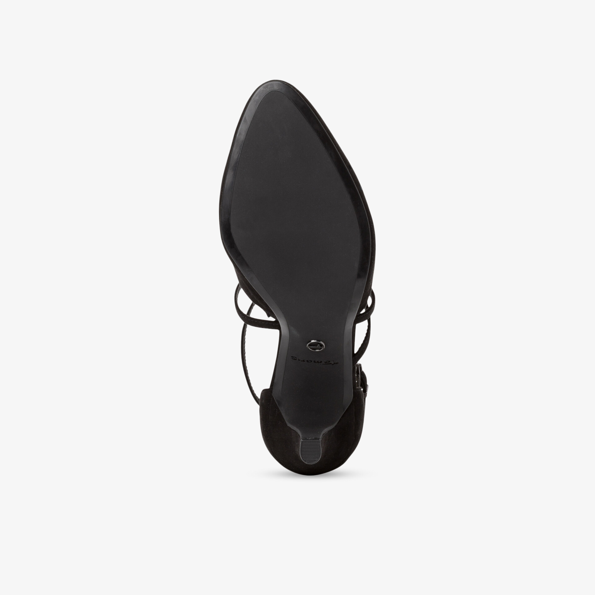 Eleganter schwarzer Schuh mit spitzer Sohle und filigranen Riemchen für stilvolle Anlässe.