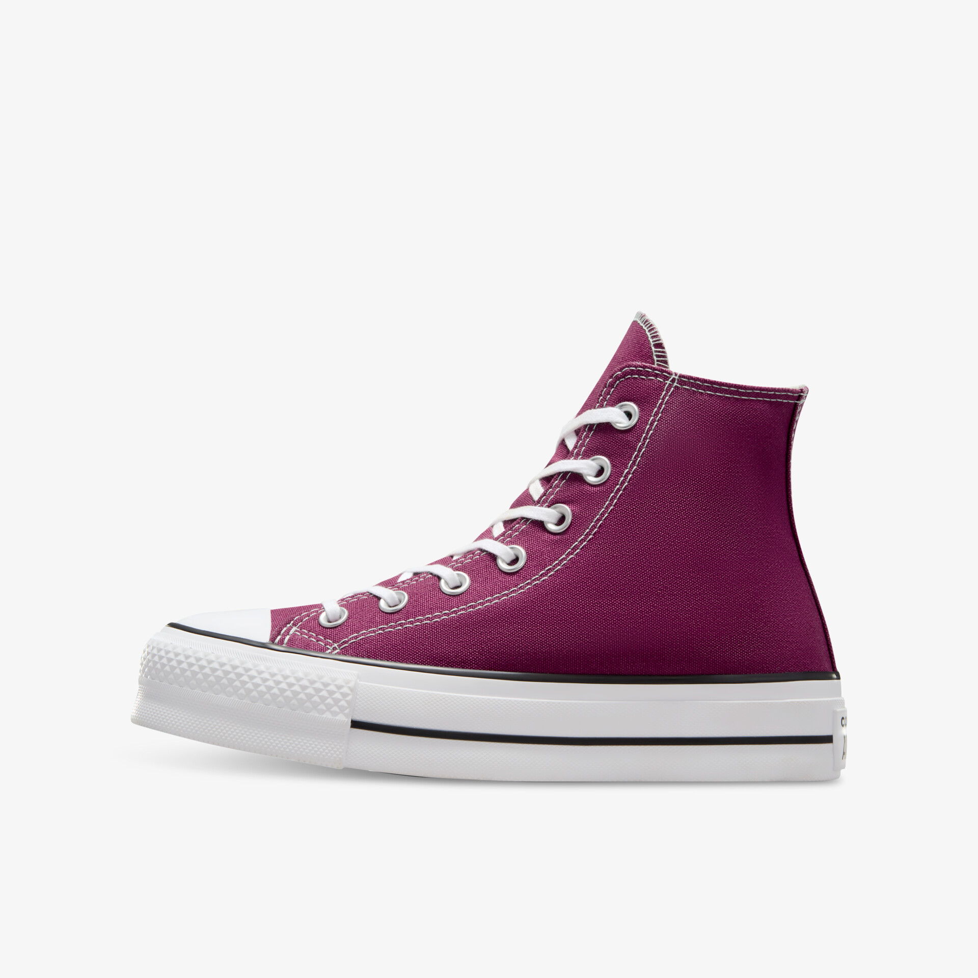 Hoher lila Sneaker mit weißer Gummisohle und Schnürsenkeln in klarer seitlicher Ansicht