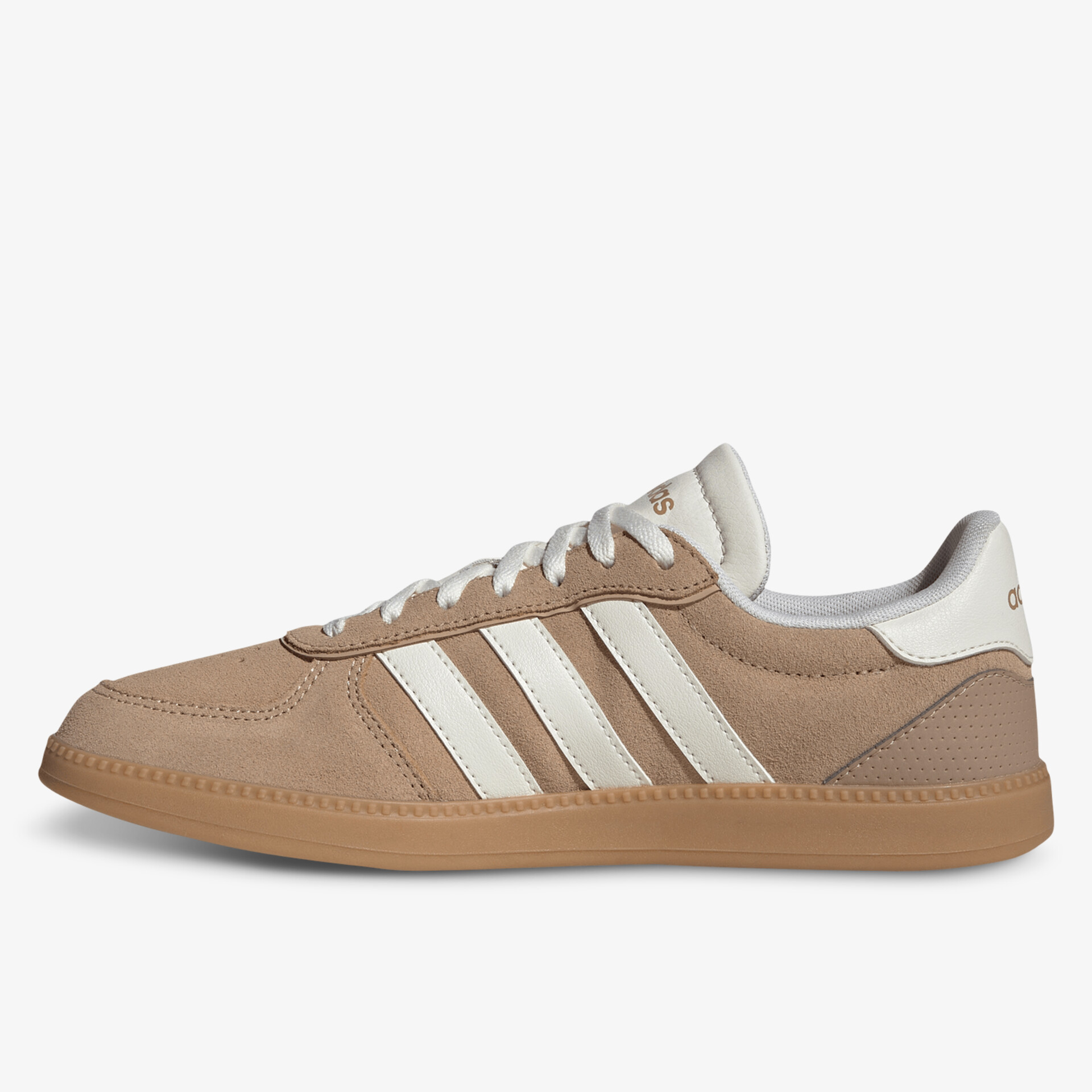 Bequemer Sneaker in klassischem Beige mit weißen Streifen und rutschfester brauner Sohle, seitliche Ansicht