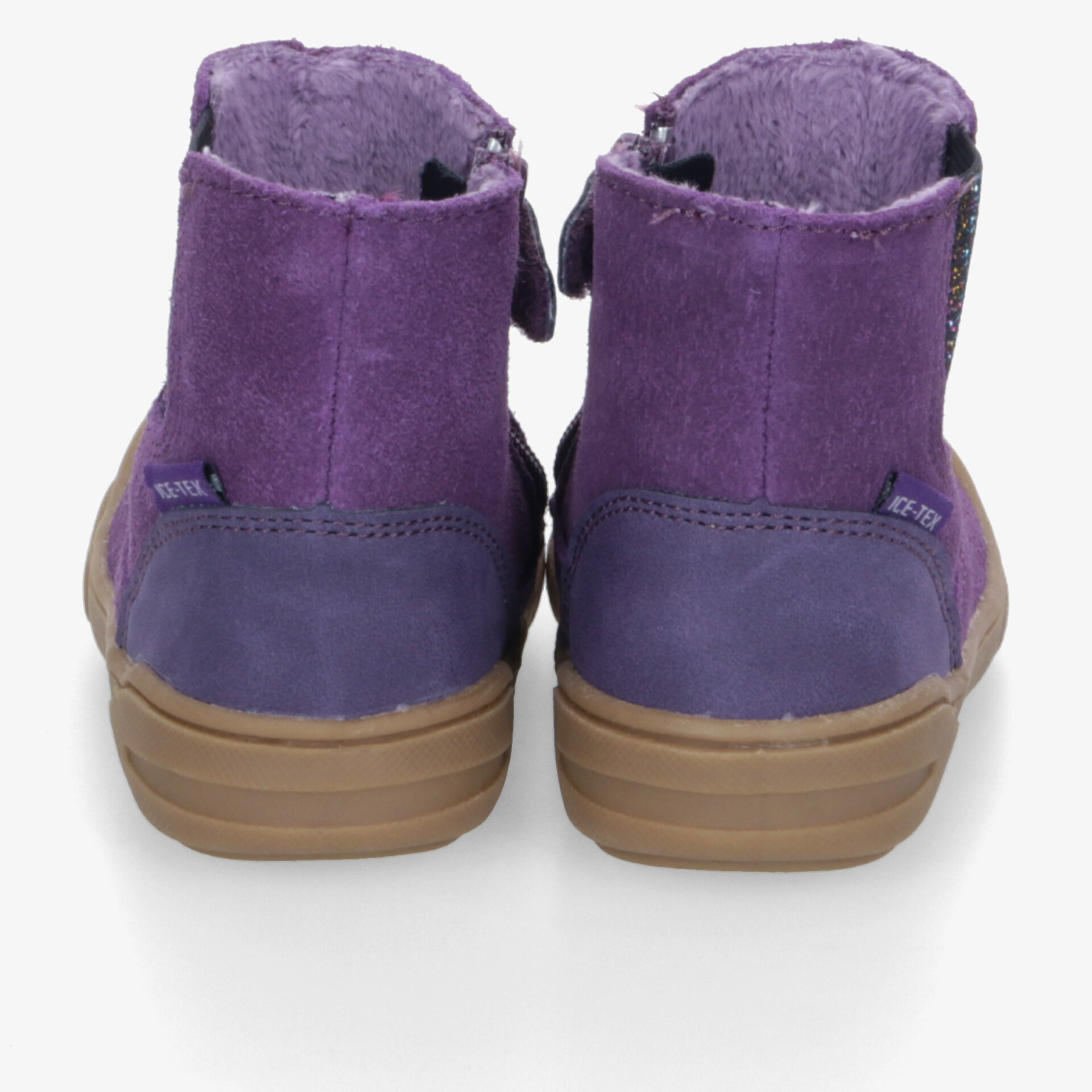 Violette Stiefeletten mit robuster Sohle und praktischem Klettverschluss, bequem und warm gefüttert, Rückansicht