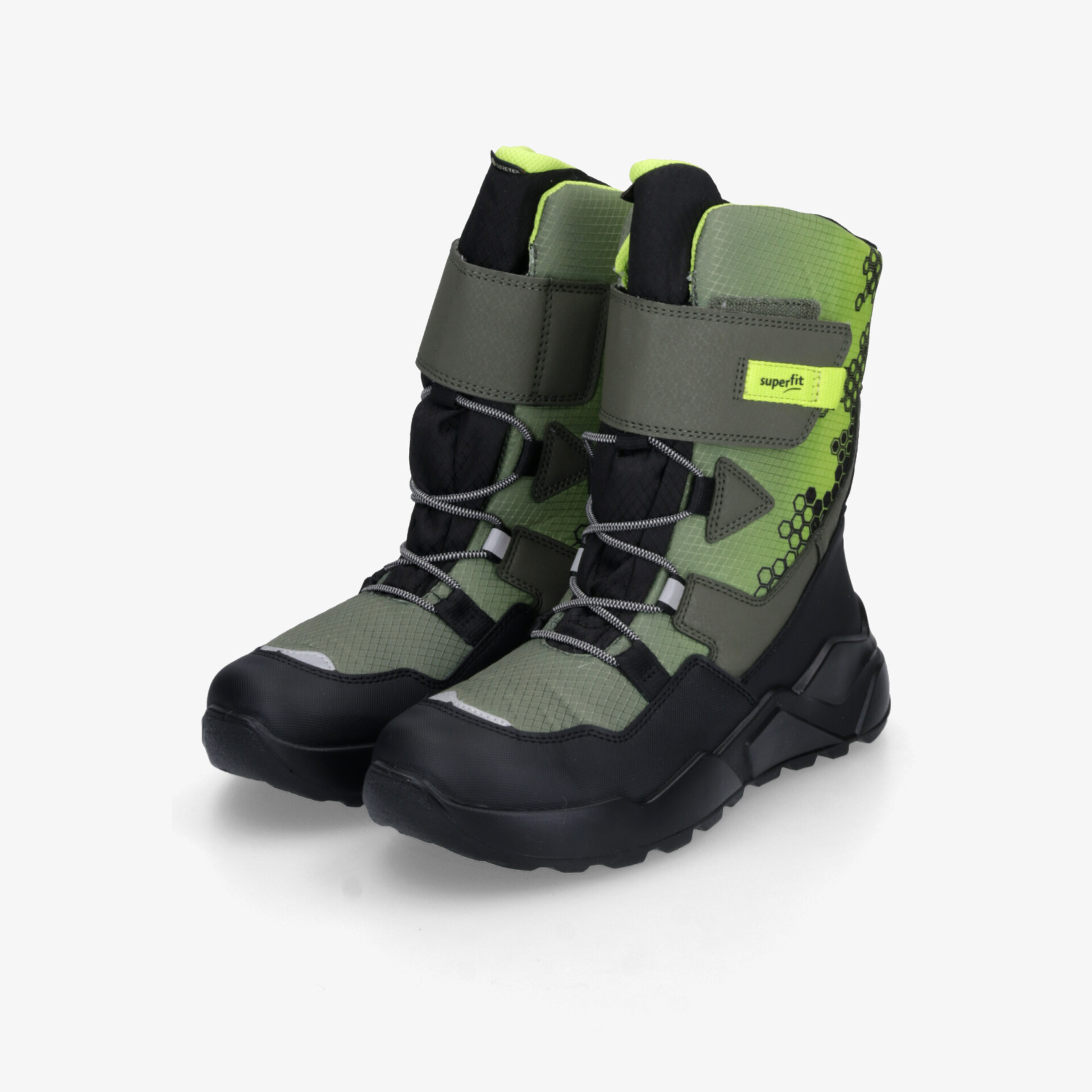 Robuste Outdoor Stiefel in grün und schwarz mit schnellschnürung und rutschfester Sohle, ideal für anspruchsvolle Einsätze