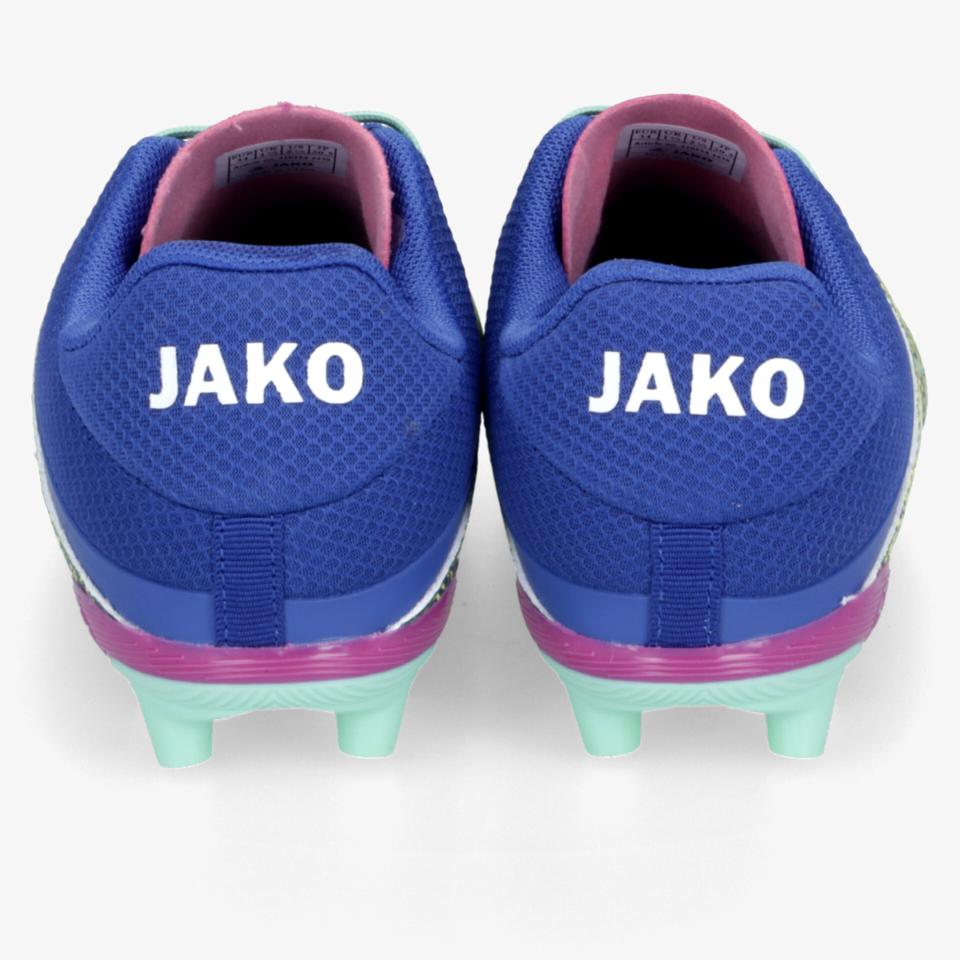 Rückansicht von robusten, farbigen Jako Fußballschuhen mit rutschfester Sohle und komfortablem Design