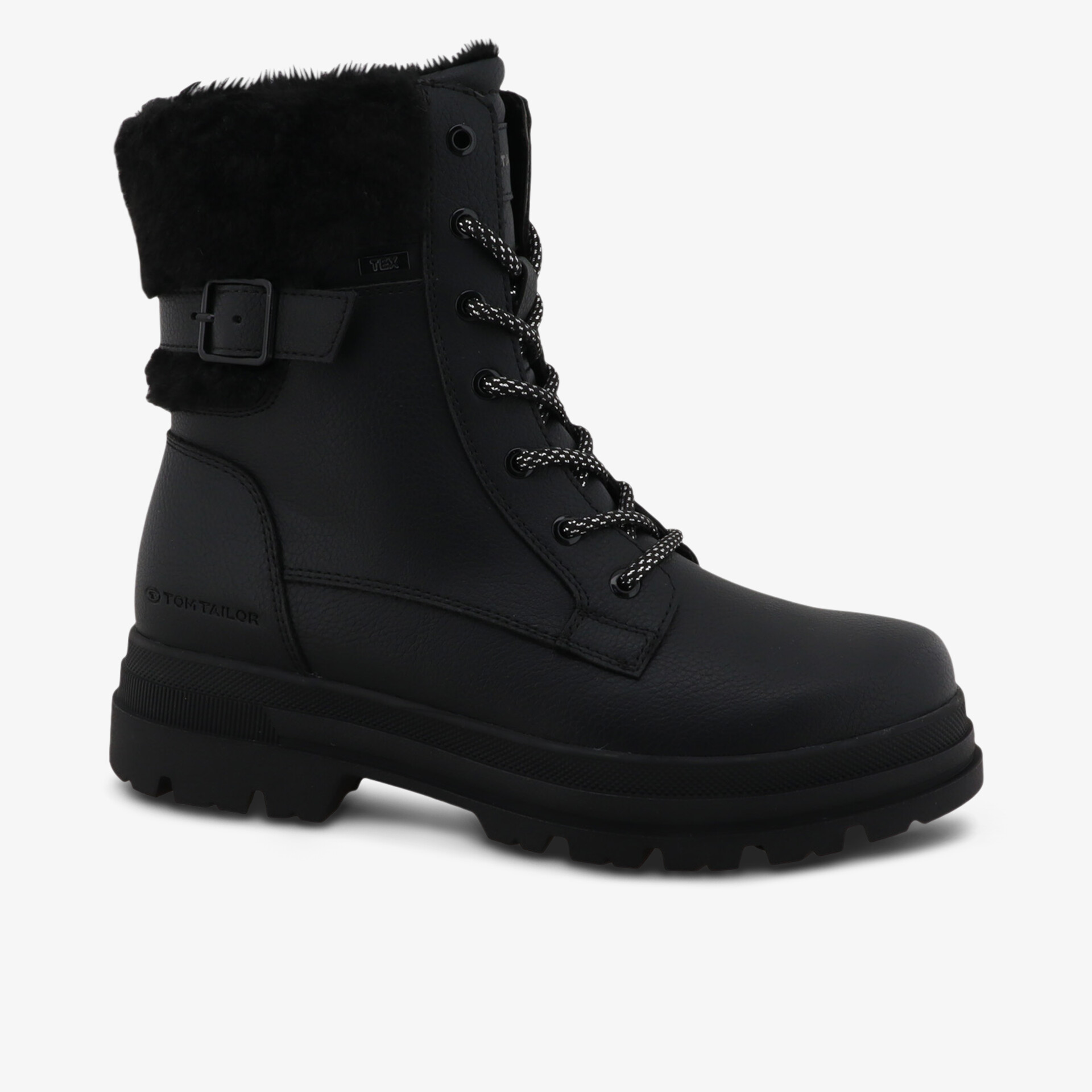 Robuster Winterstiefel mit Schnürung und Fellkragen für Komfort und Stil im Winter.