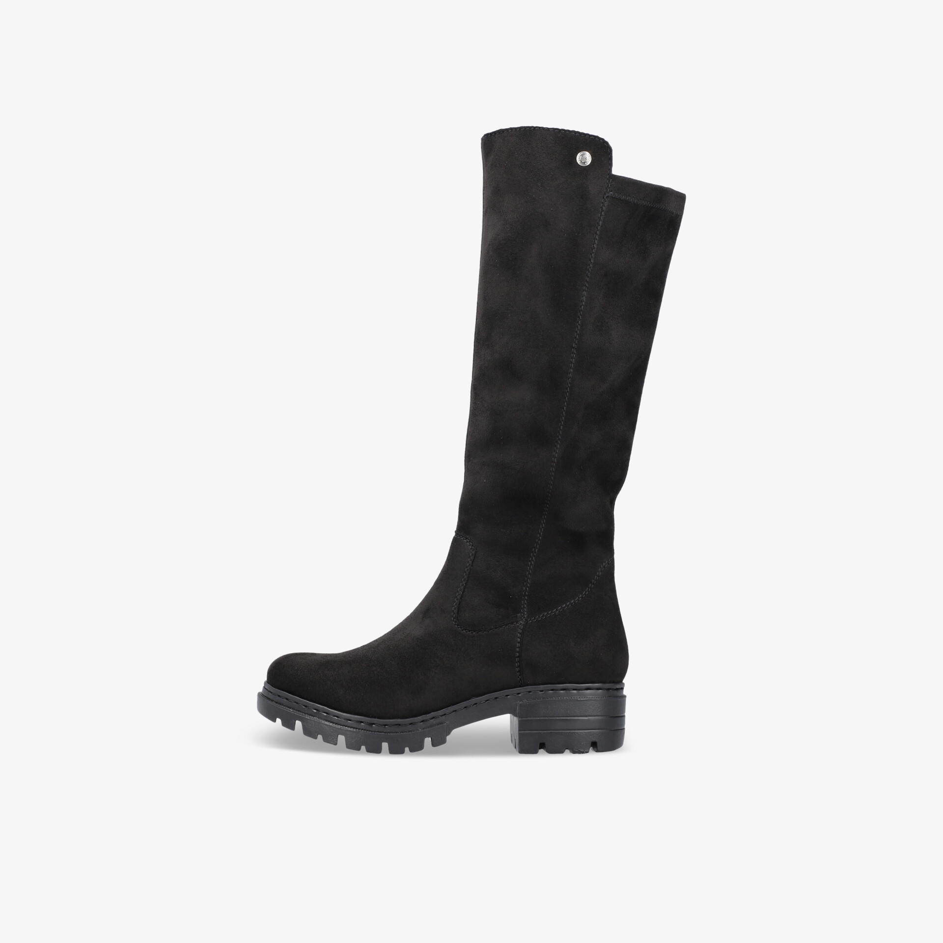 Schwarzer Langschaft-Stiefel mit robuster Sohle und bequemem Absatz in klarer Seitenansicht