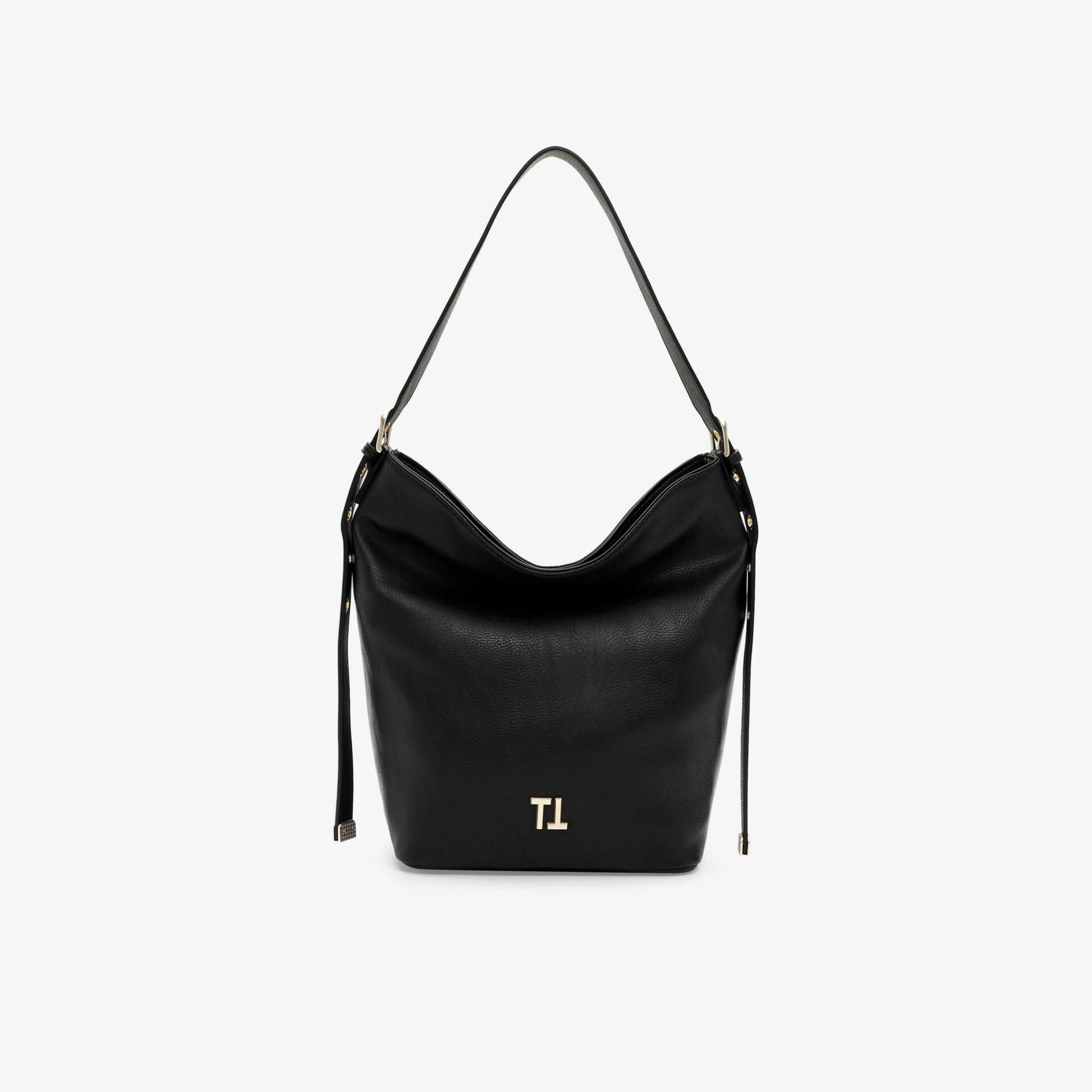 Schwarze Bucket Bag mit goldfarbenem TL-Logo, großem Fassungsvermögen und komfortablem Tragegriff in Frontansicht