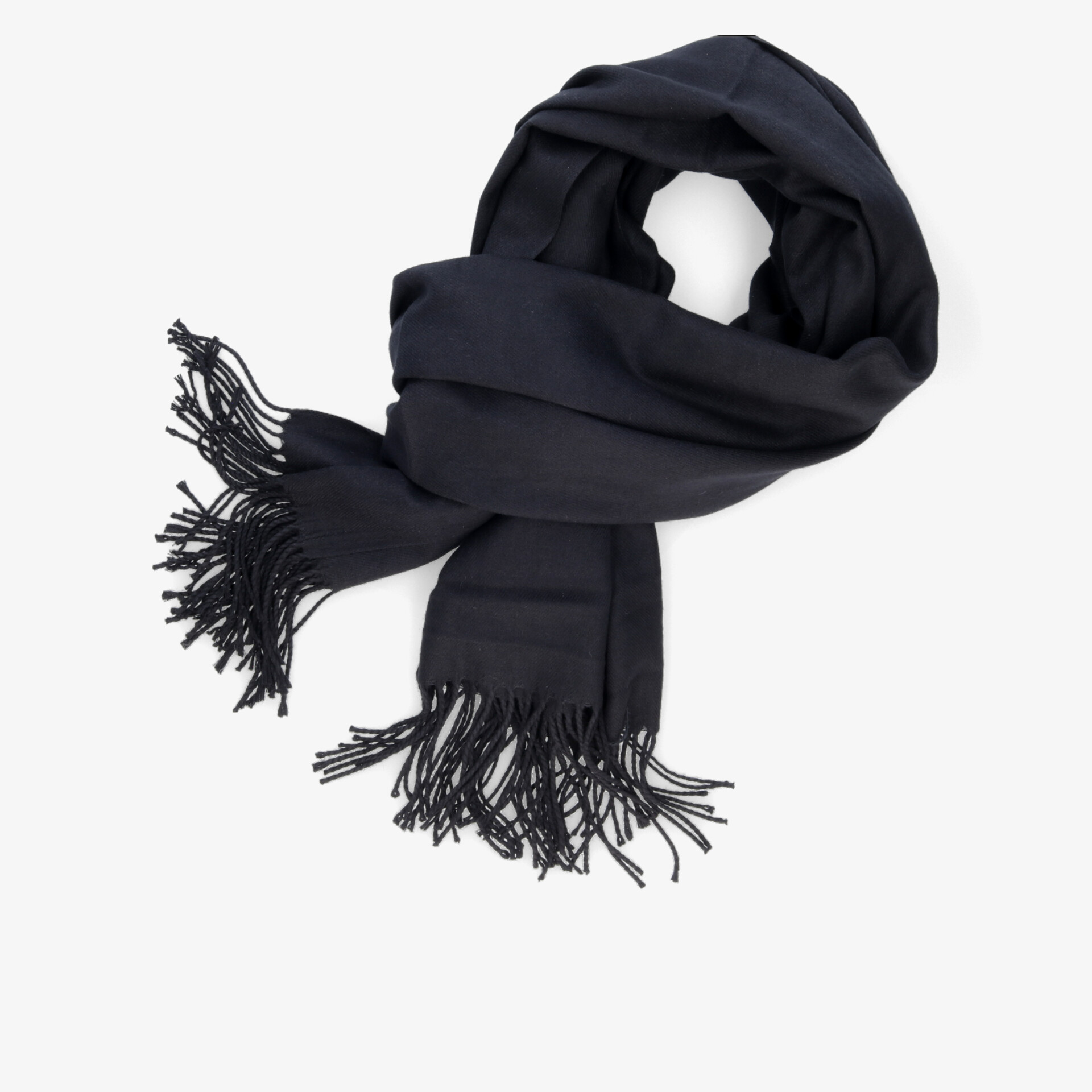 Eleganter schwarzer Schal mit Quasten, weich und stilvoll für kühle Tage. Zeitloses Accessoire für viele Outfits.