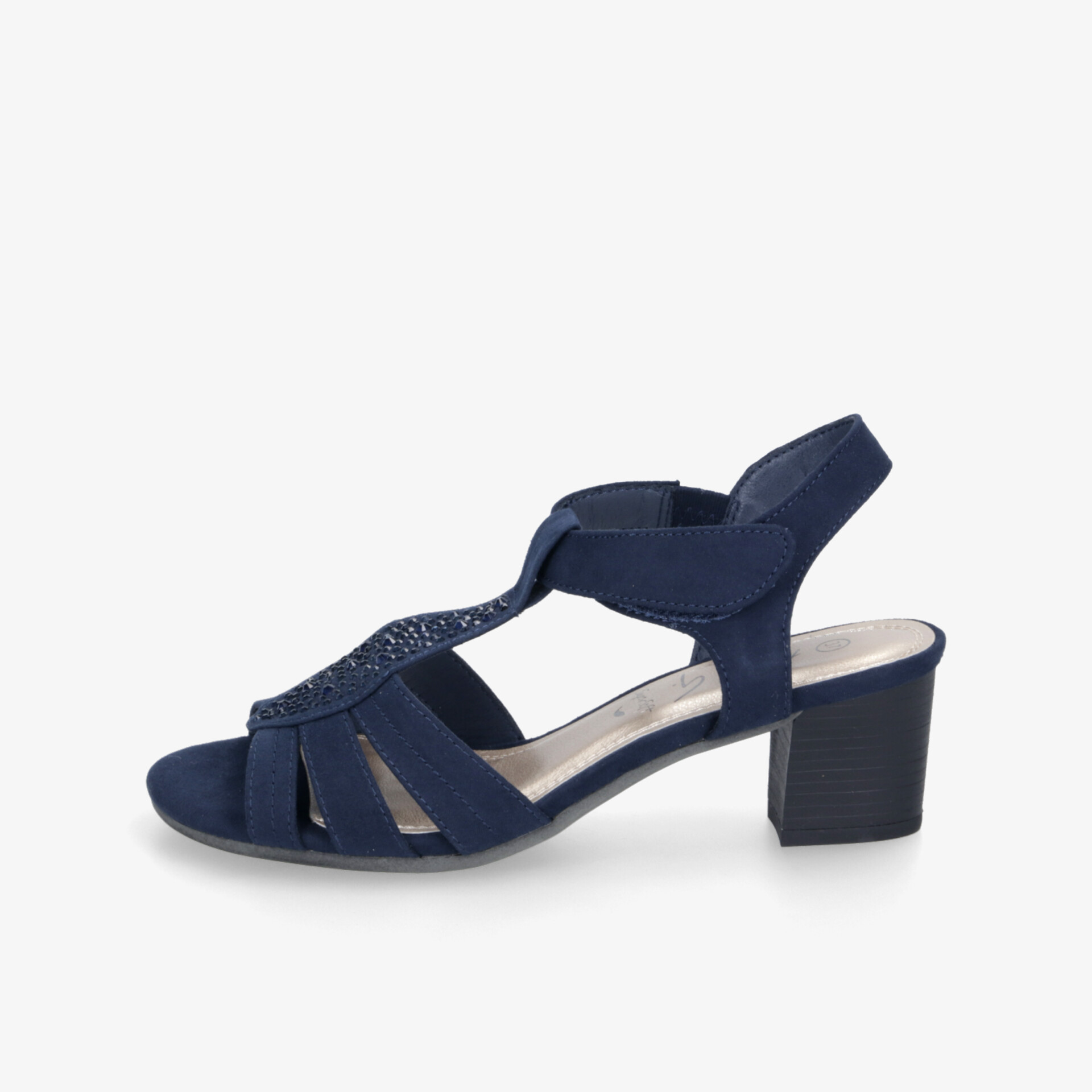 Blauer Sandalenschuh mit eleganten Riemchen, komfortablem Blockabsatz und sommerlichem Design, seitliche Ansicht