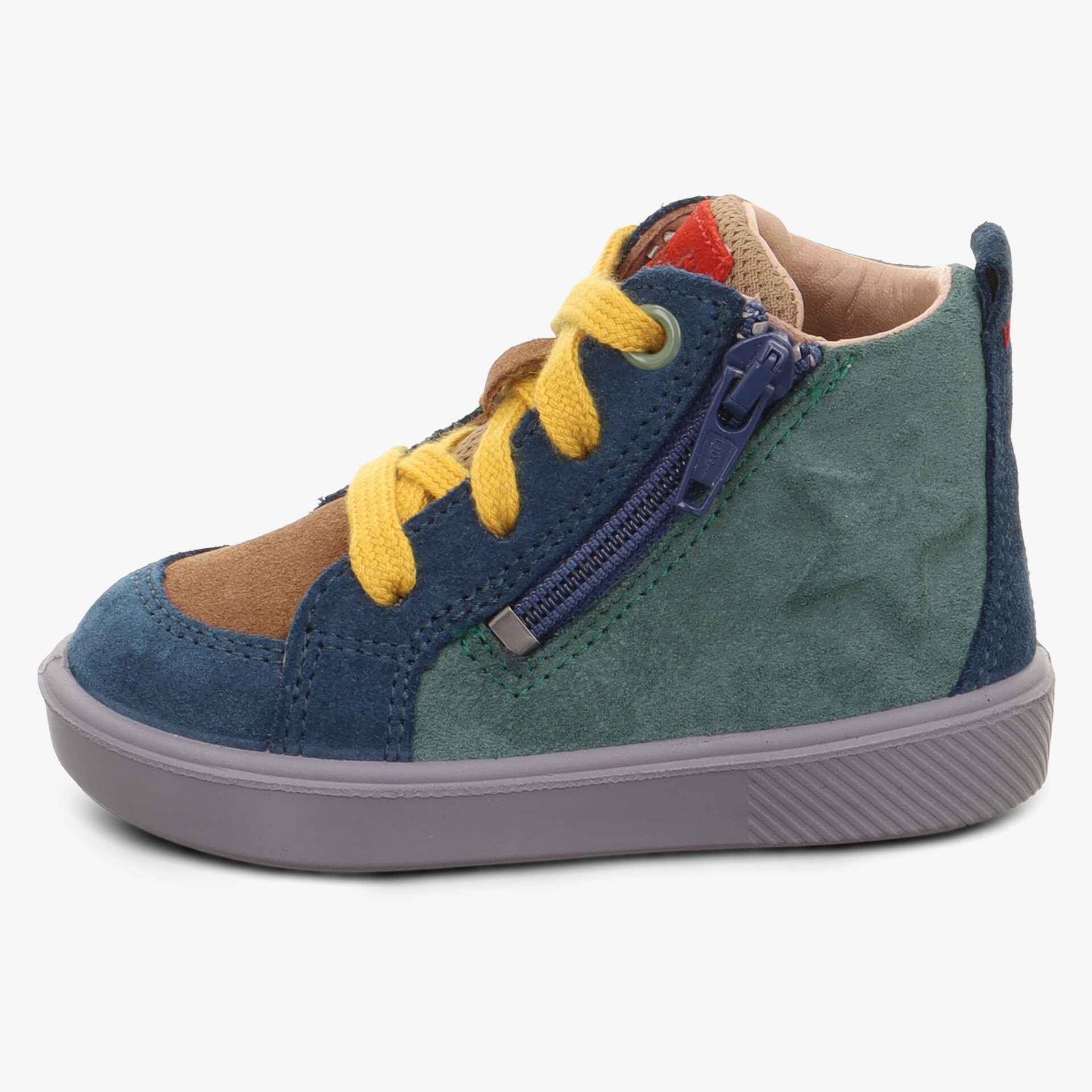 Seitenansicht eines farbenfrohen Kinderschuhs mit Schnürung und seitlichem Reißverschluss, komfortable flexible Sohle