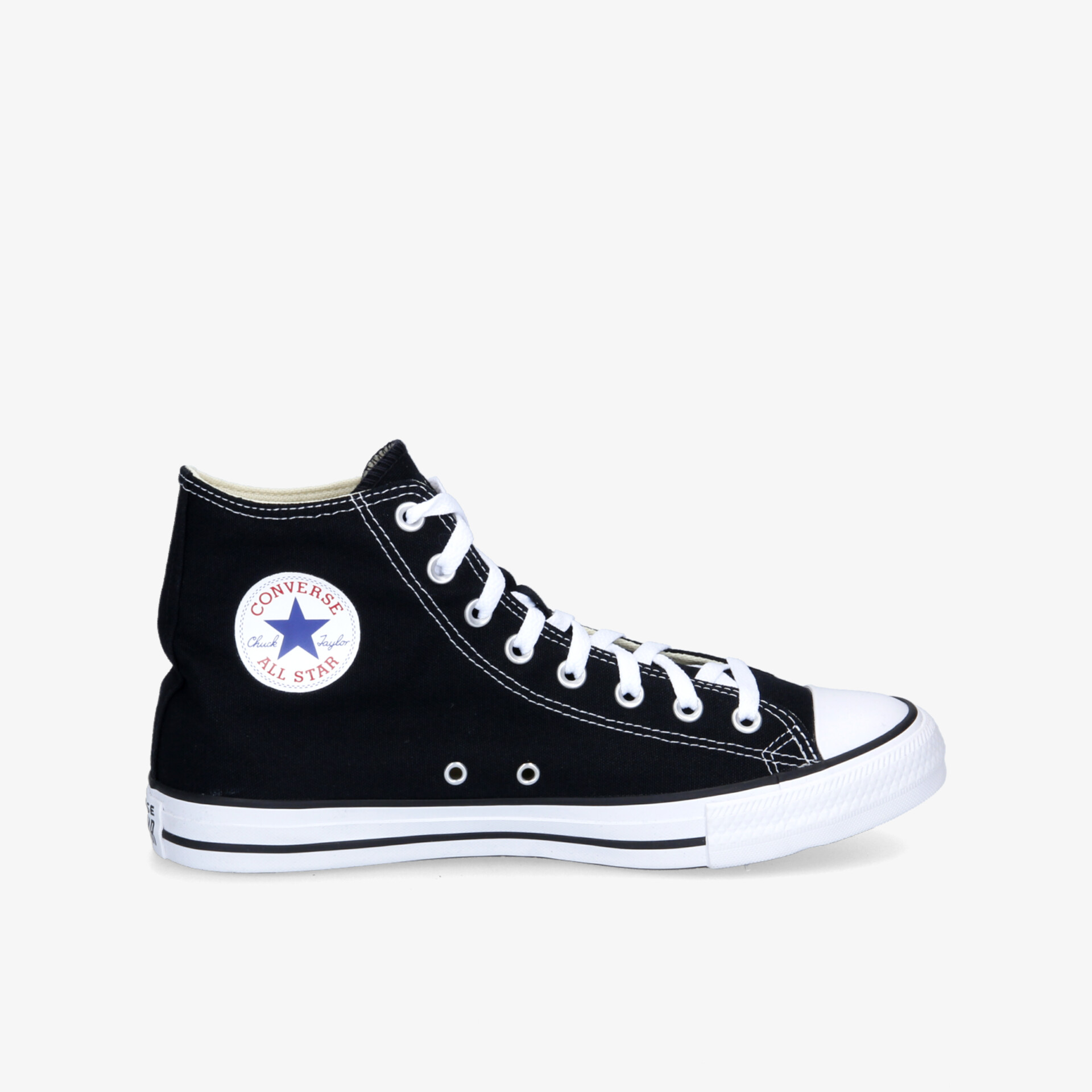 Klassischer schwarzer High-Top-Sneaker mit weißer Sohle und Schnürung, stilvoll und bequem.