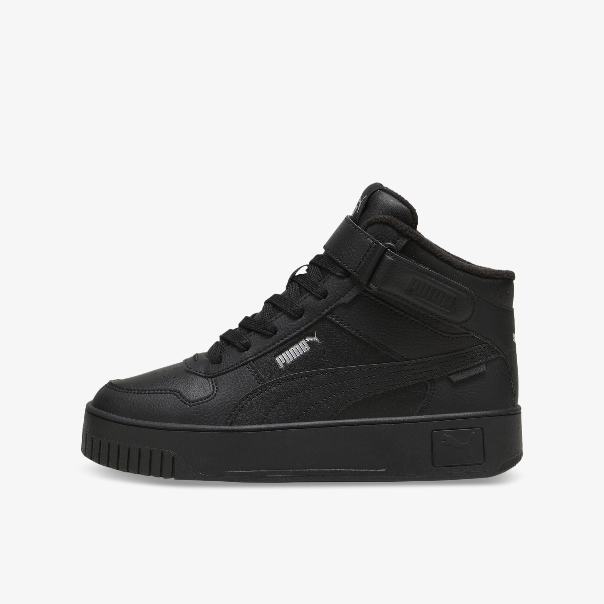 Schwarzer Puma High-Top Sneaker mit schnürverschluss, robuster und flexibler Sohle, seitliche Ansicht