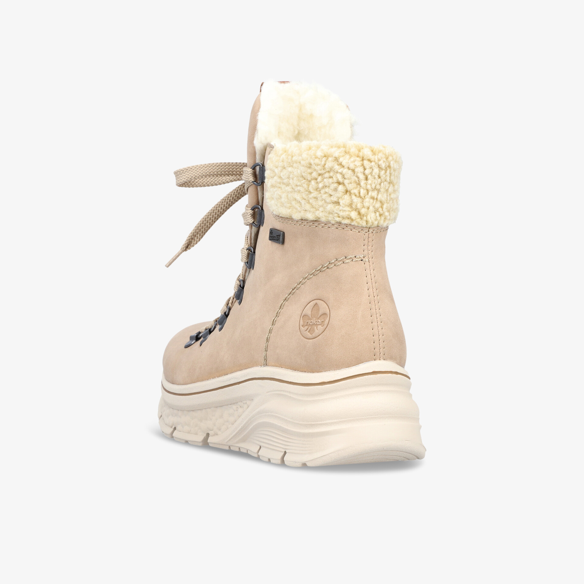 Beiger Winterstiefel mit warmem Futter und robustem Absatz in schräger Rückansicht, bequem und schnürbar