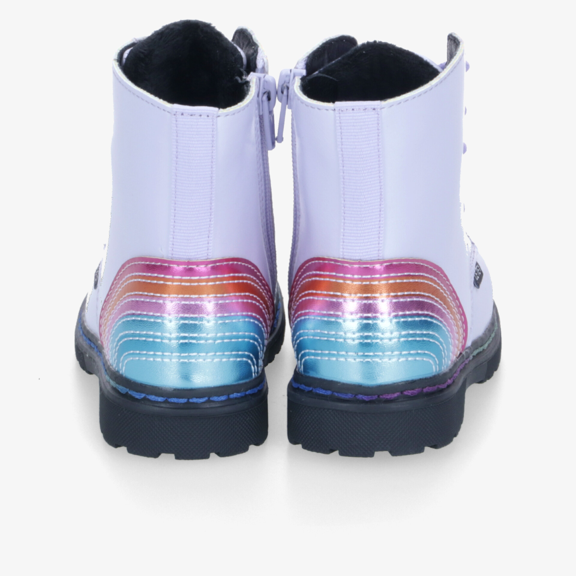 Robuste bunte Stiefel mit glänzenden Akzenten an der Ferse, praktischem Reißverschluss und komfortablem Blockabsatz von hinten