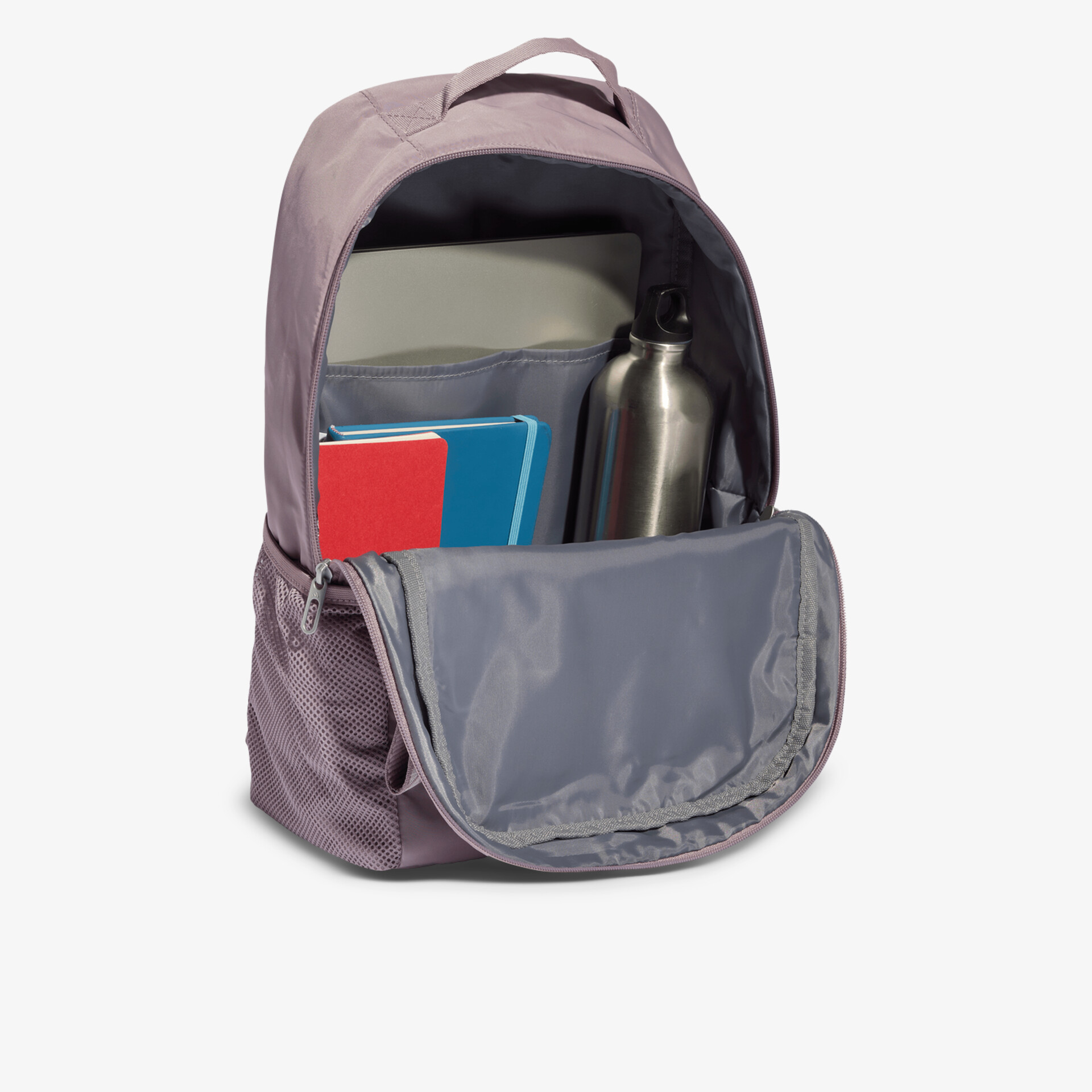 Moderner Rucksack mit geräumigem Hauptfach, seitlicher Tasche und komfortablem Tragegriff in Frontansicht