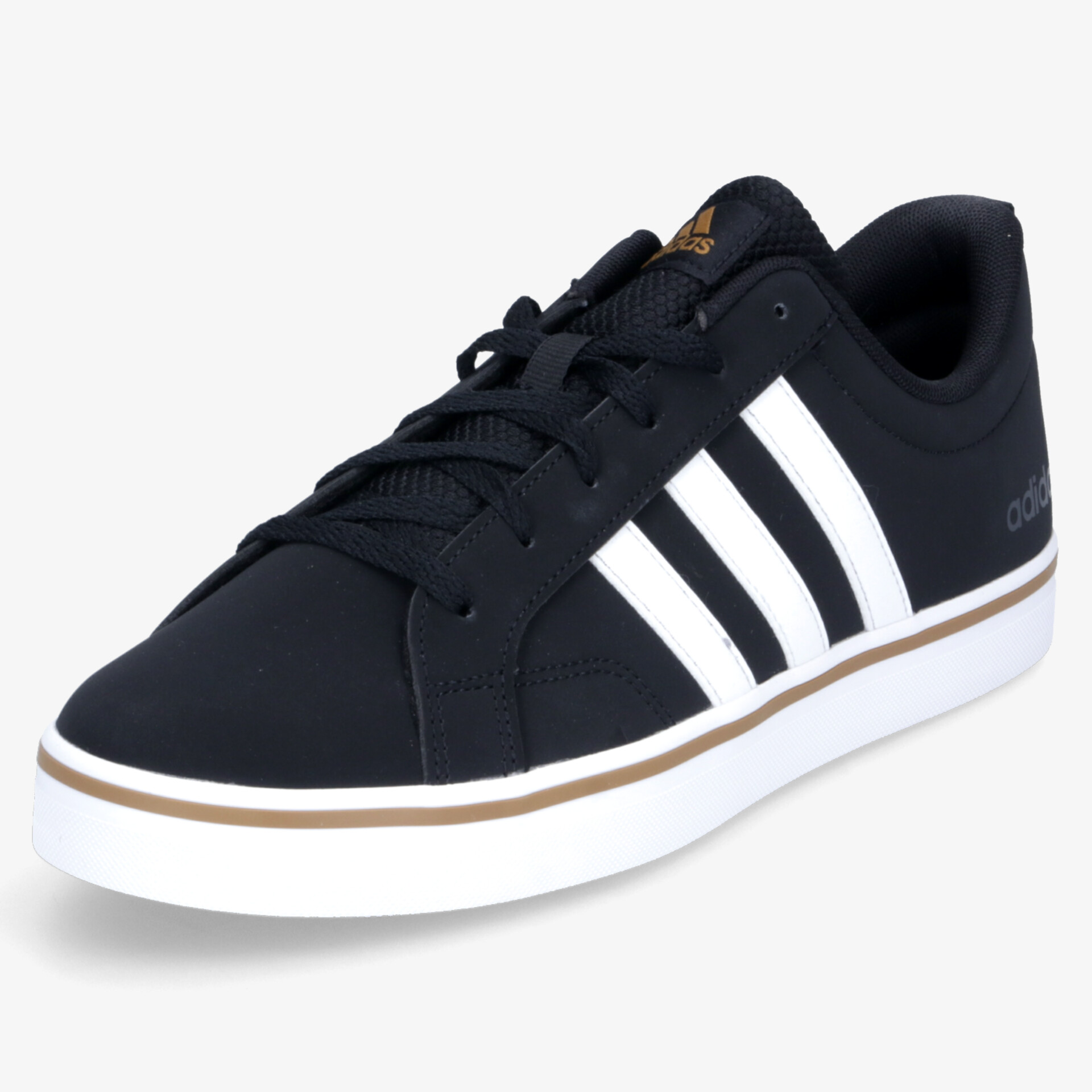 Sportlicher Adidas Sneaker in Schwarz mit weißen Streifen, komfortabel und strapazierfähig, schräg vorne aufgenommen