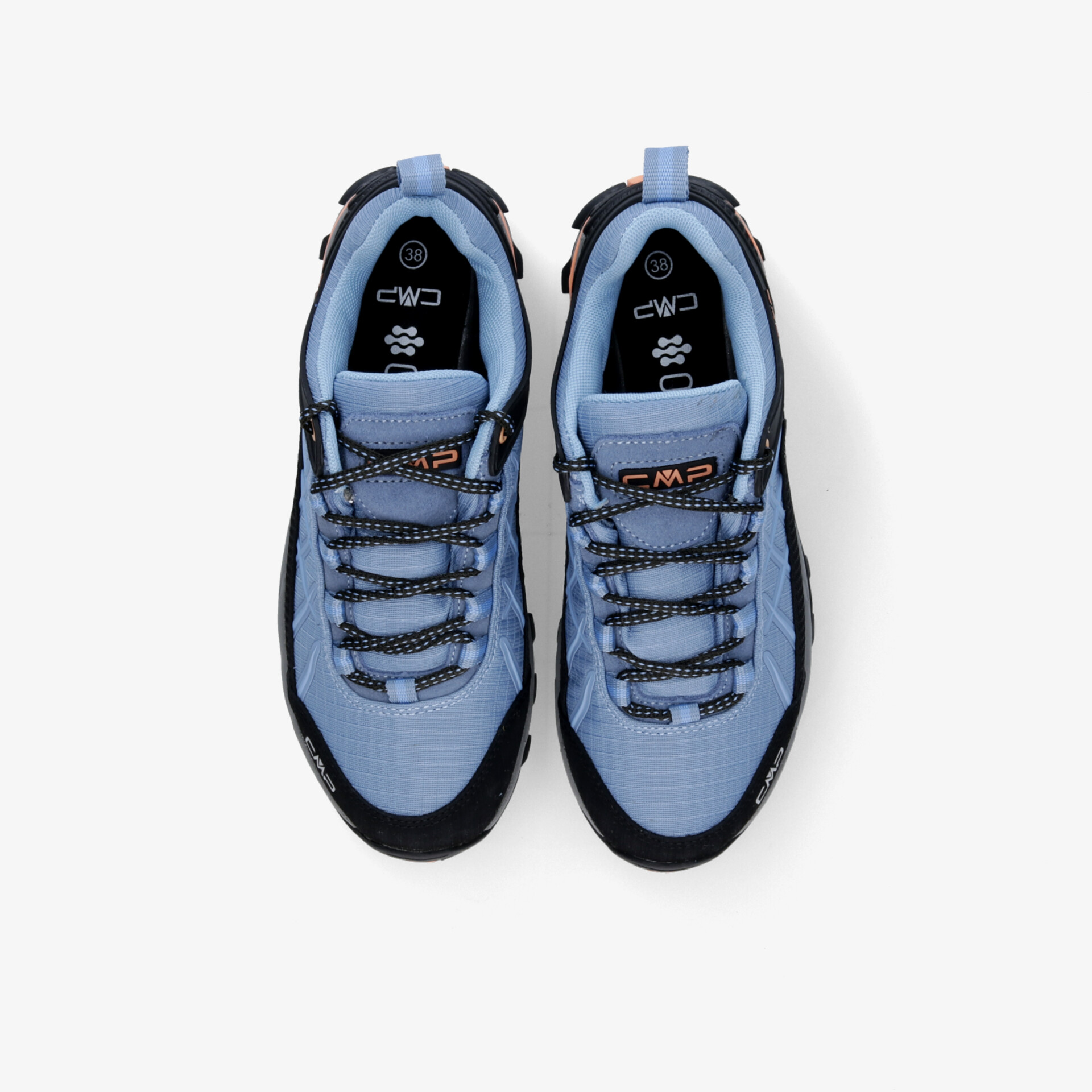 Top-Down-Ansicht eines blauen und schwarzen Sportschuhpaars mit stabiler Schnürung und gepolstertem Kragen