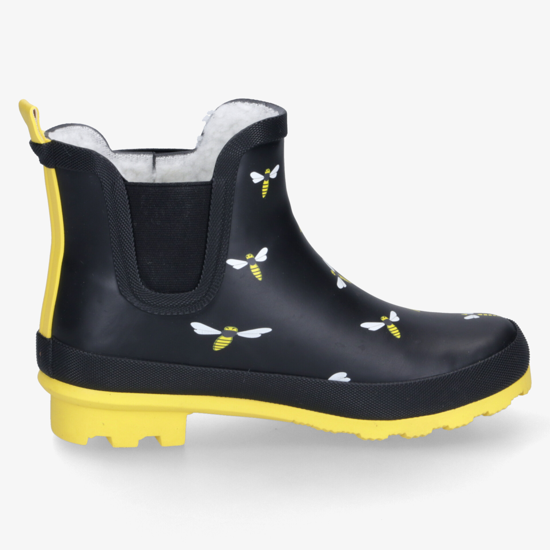 Schwarzer Gummistiefel mit Bienenmuster und rutschfester gelber Sohle, ideal für nasse Bedingungen.