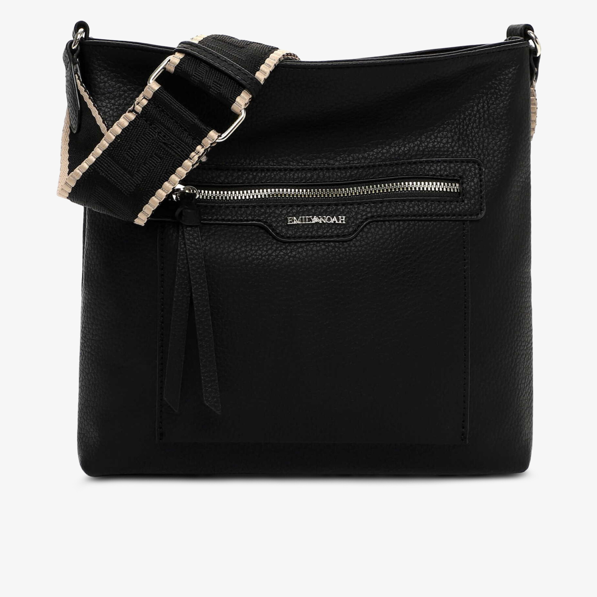 Moderne schwarze Tasche mit verstellbarem Trageriemen und praktischer Fronttasche mit Reißverschluss