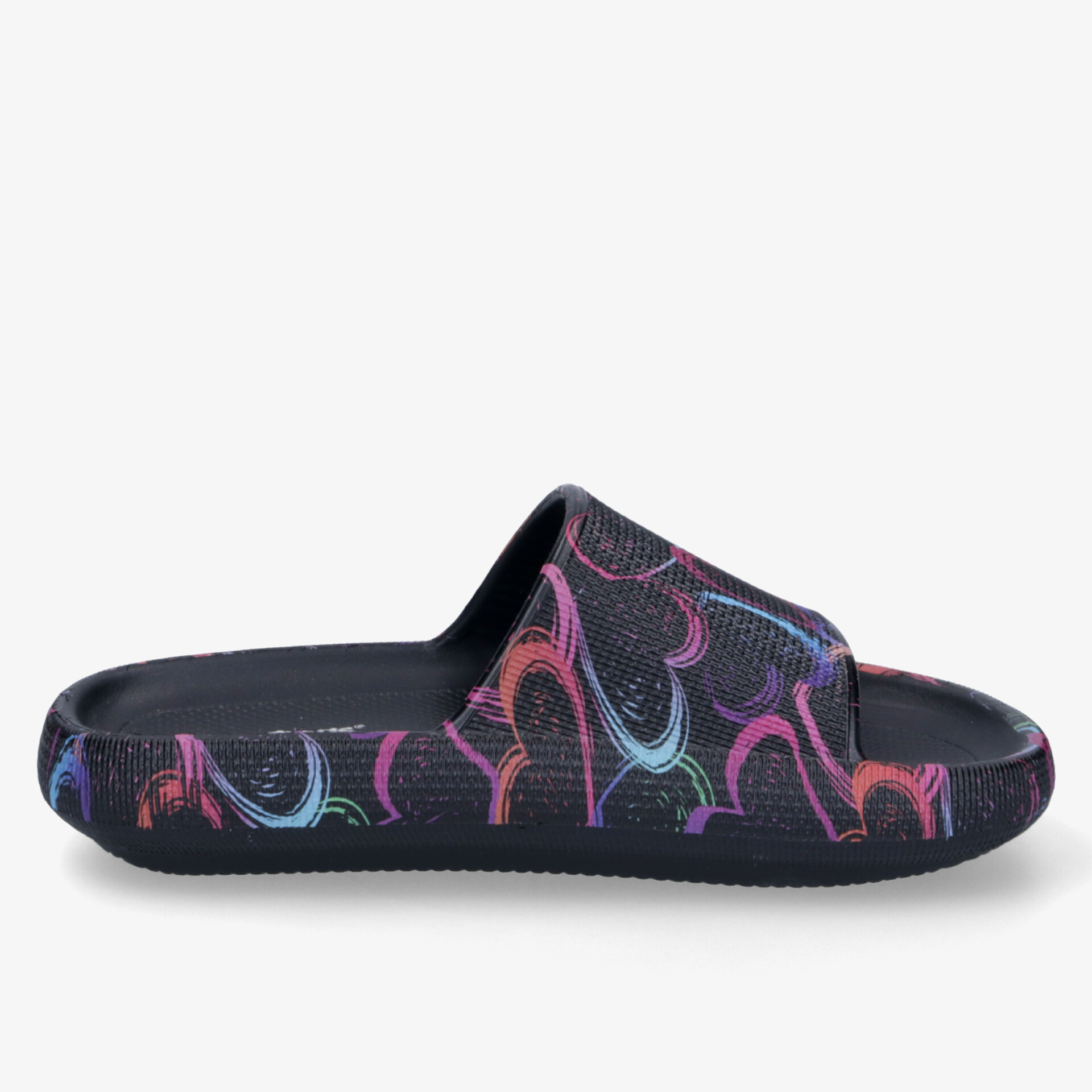 Leichte schwarze Slide Sandale mit buntem Muster, weiches Fußbett und rutschfester Sohle für hohen Komfort